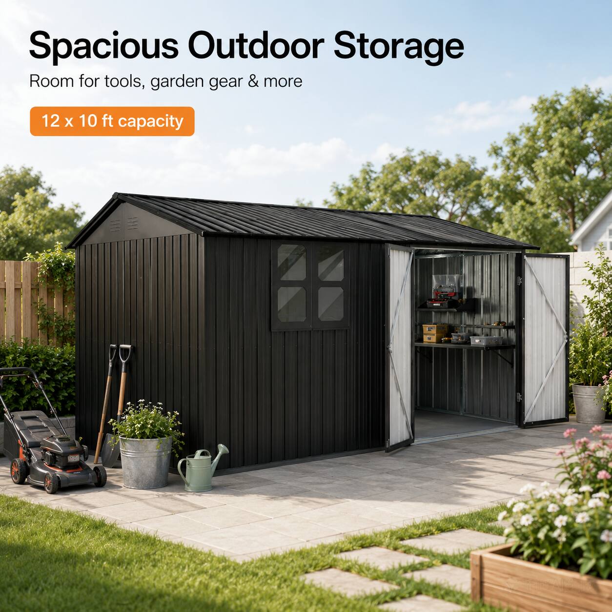 Spacious Outdoor Storage  
Room for tools, garden gear & more  
12 x 10 ft capacity