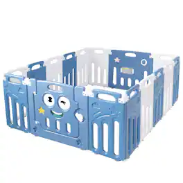 Gymax - 16-Panel Foldable Baby Playpen Kids Activity Centre w/ Lock Door & Rubber Mats - Blue