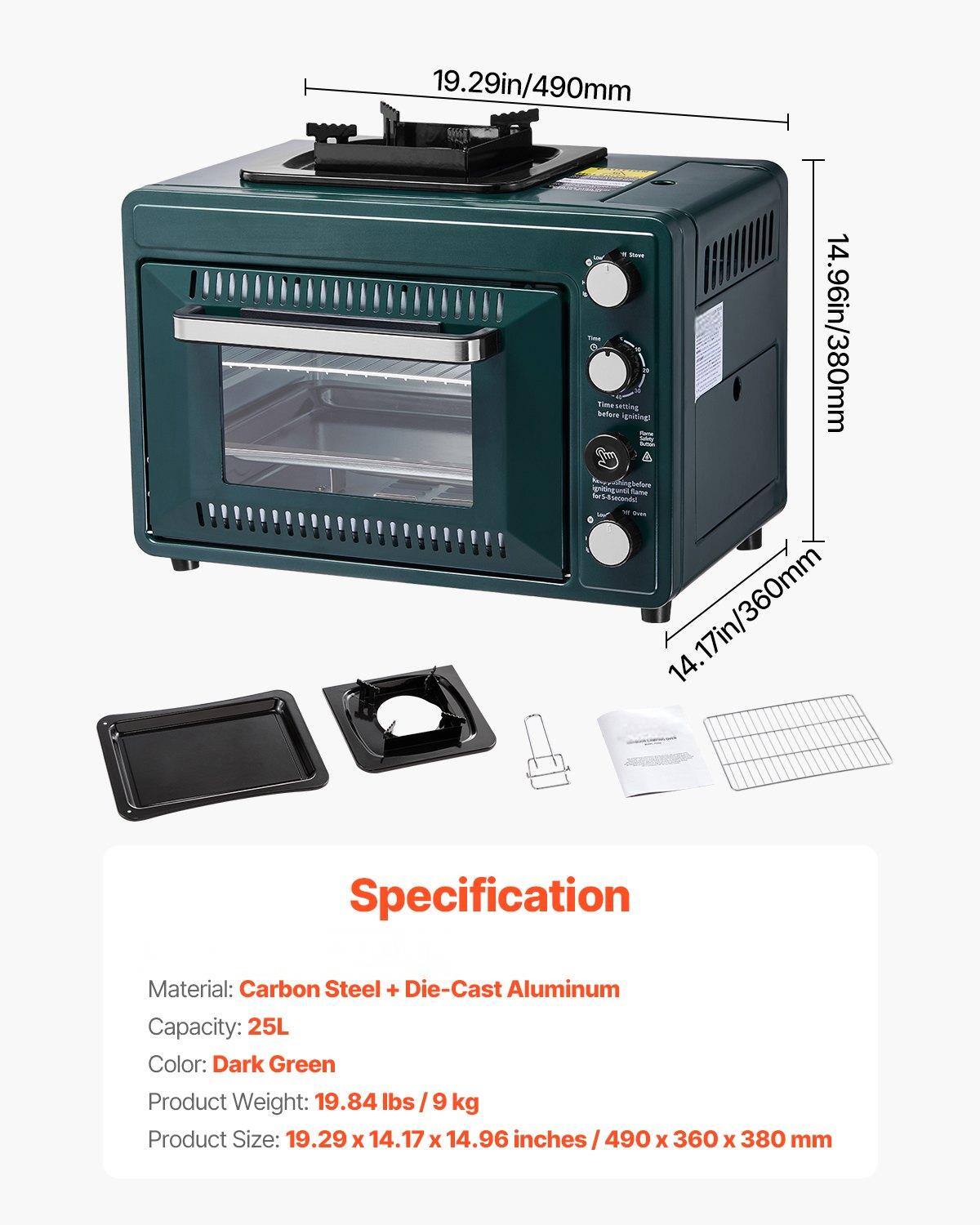 19.29in/490mm  
14.96in/380mm  
14.17in/360mm  

Specification  
Material: Carbon Steel + Die-Cast Aluminum  
Capacity: 25L  
Color: Dark Green  
Product Weight: 19.84 lbs/9 kg  
Product Size: 19.29 x 14.17 x 14.96 inches/490 x 360 x 380 mm