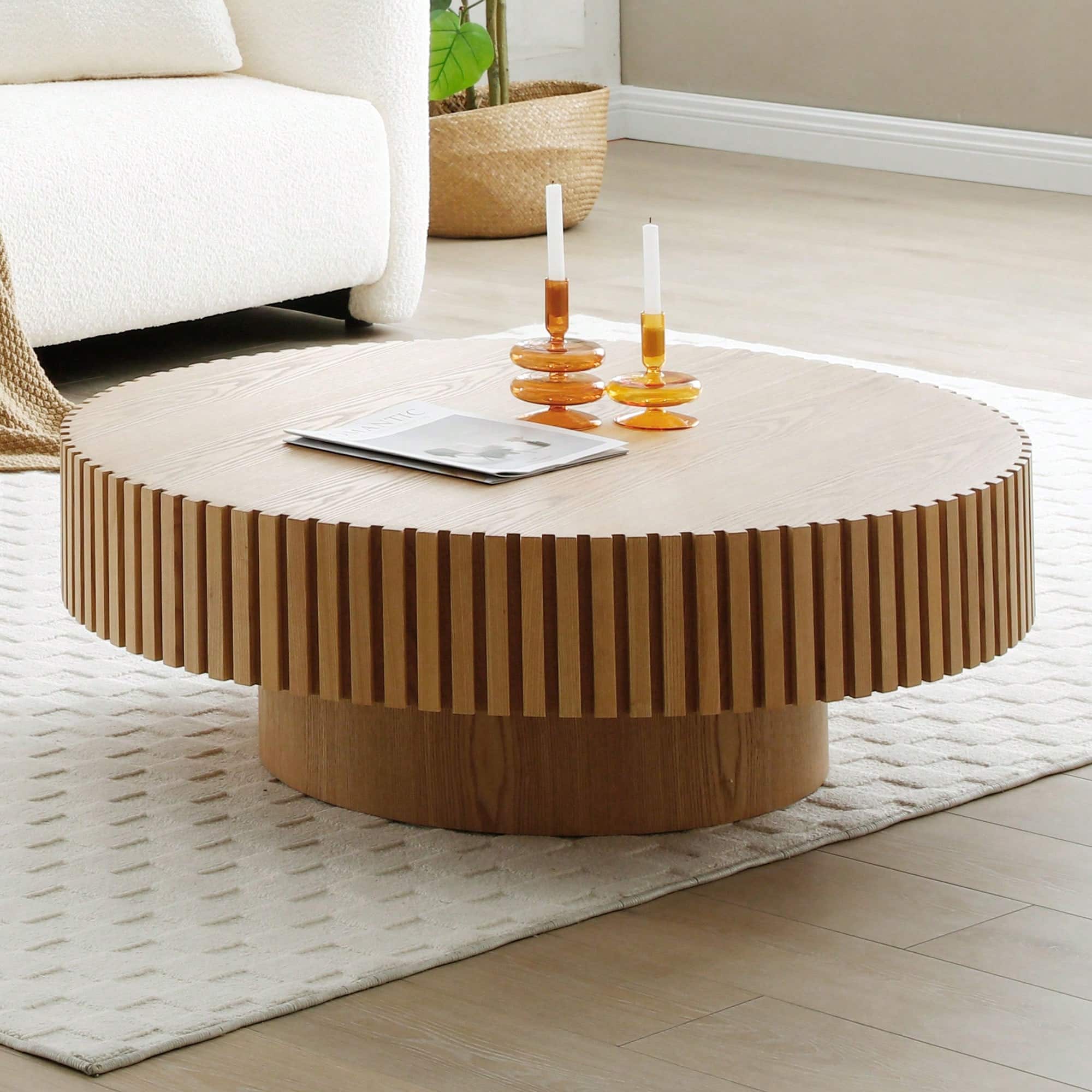 Trinkets Crazed - 39.37" Round Coffee Table Wood,Circle Coffee Table, Drum Fluted Coffee Accent End Side Center Table - Natural