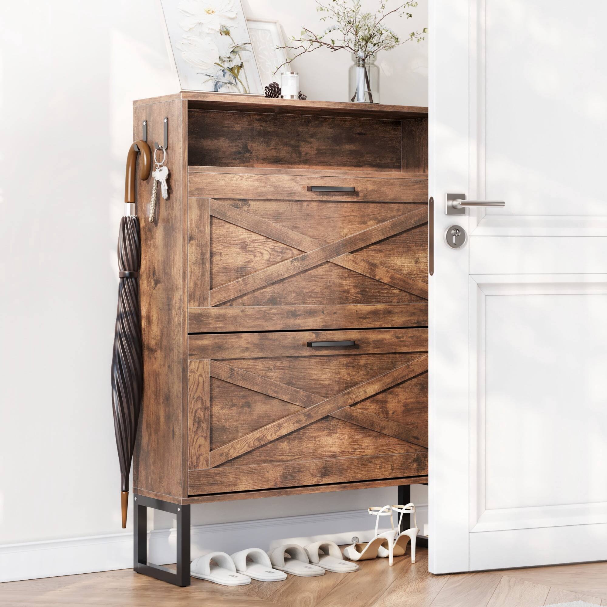 Back. Sugift - Shoe Cabinet with 5 Flip Down Doors and Adjustable Shelves for Entryway Hallway and Closet Storage - Burnt Wood.