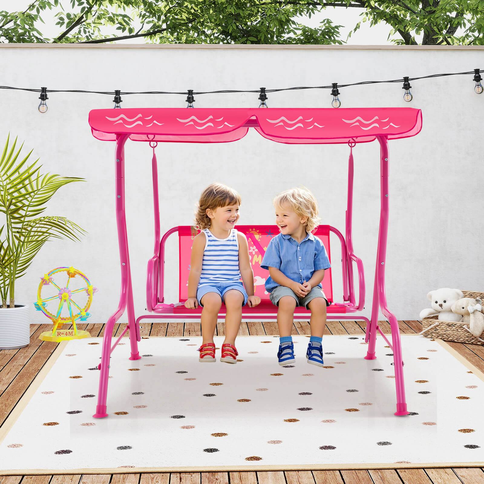 Alt View 1. Costway - Costway 2-Seater Toddler Porch Swing Chair with Metal Stand Adjustable Canopy Safety Belts - Pink.