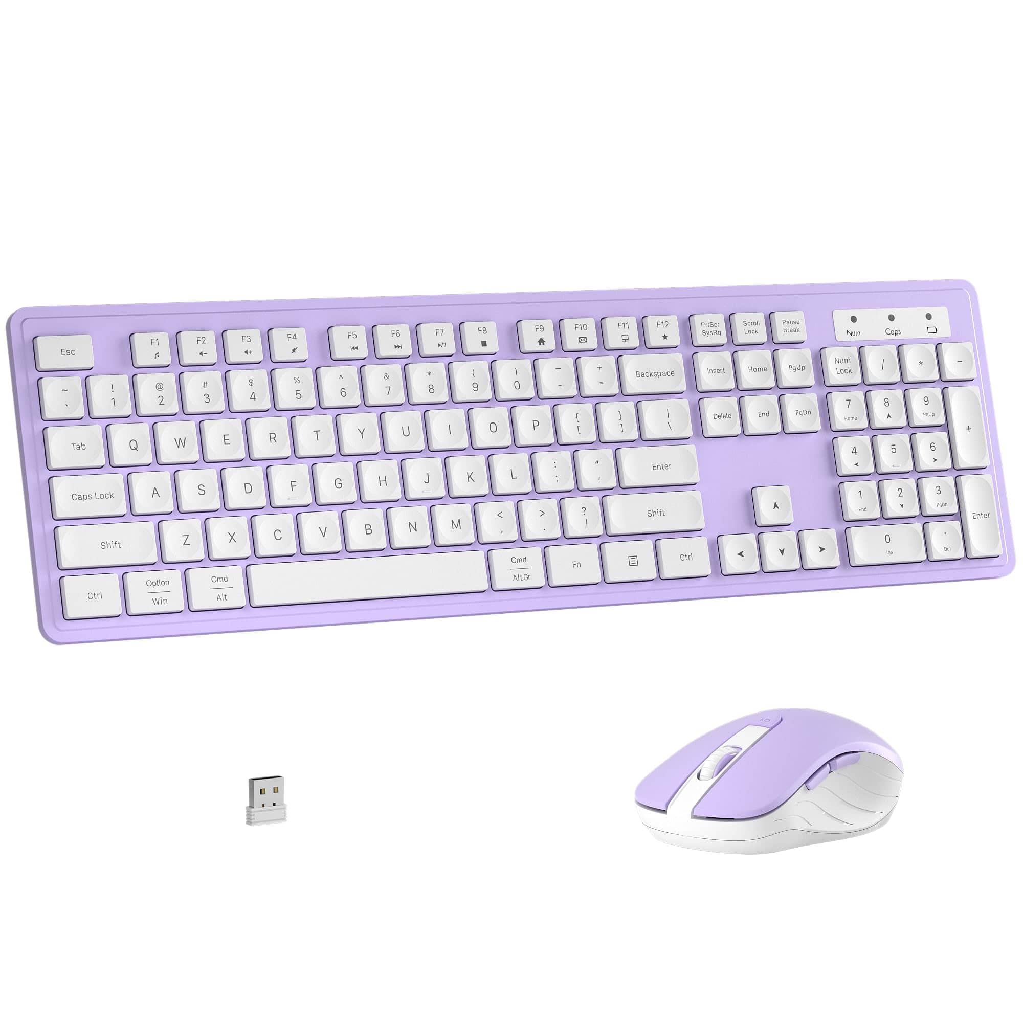 Pacoar Cade - Wireless And Mouse Combo Full-size 104-key Office With 15 Function Keys Numeric Keypad Single Usb Receiver Compatible - Purple White