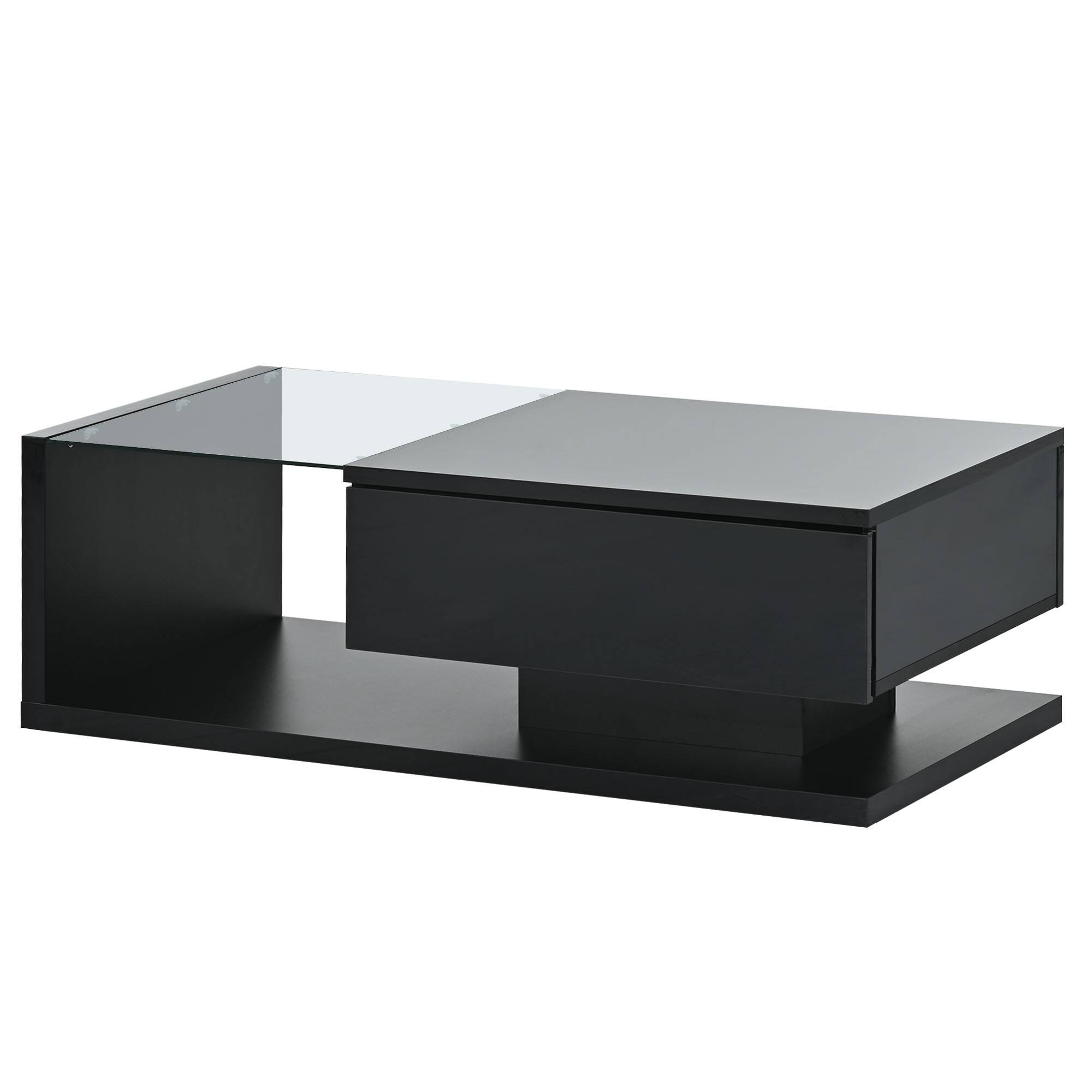 Alt View 5. Tiramisubest - Modern Coffee Table with Tempered Glass,Wooden Modernist 2-Tier Rectangle Center Table with High-gloss UV Surface,Black - Black.