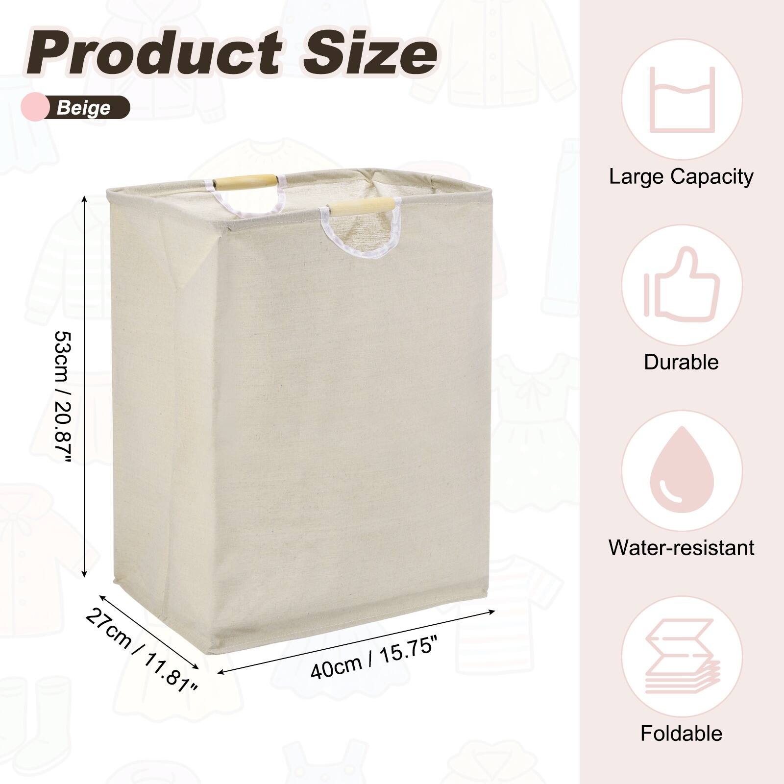 Product Size: Beige

- Large Capacity
- Durable
- Water-resistant
- Foldable

Dimensions:
- Height: 53cm / 20.87"
- Width: 40cm / 15.75"
- Depth: 27cm / 11.81"