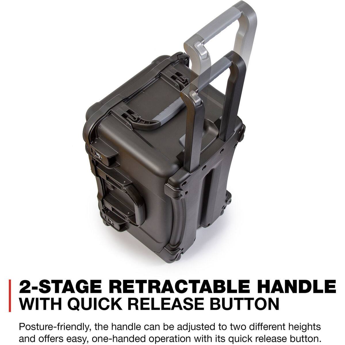 2-STAGE RETRACTABLE HANDLE WITH QUICK RELEASE BUTTON

Posture-friendly, the handle can be adjusted to two different heights and offers easy, one-handed operation with its quick release button.