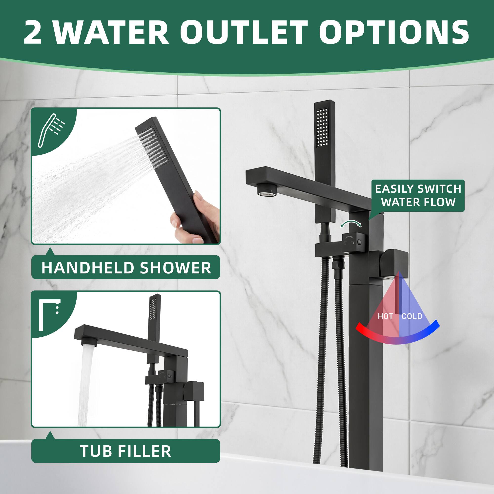 2 WATER OUTLET OPTIONS

EASILY SWITCH WATER FLOW

HANDHELD SHOWER

TUB FILLER

HOT COLD