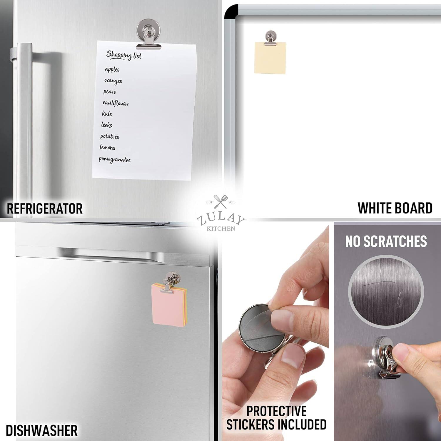 Shopping list  
apples  
oranges  
pears  
cauliflower  
kale  
leeks  
potatoes  
lemons  
pomegranates  

REFRIGERATOR  
WHITE BOARD  
DISHWASHER  

NO SCRATCHES  
PROTECTIVE STICKERS INCLUDED