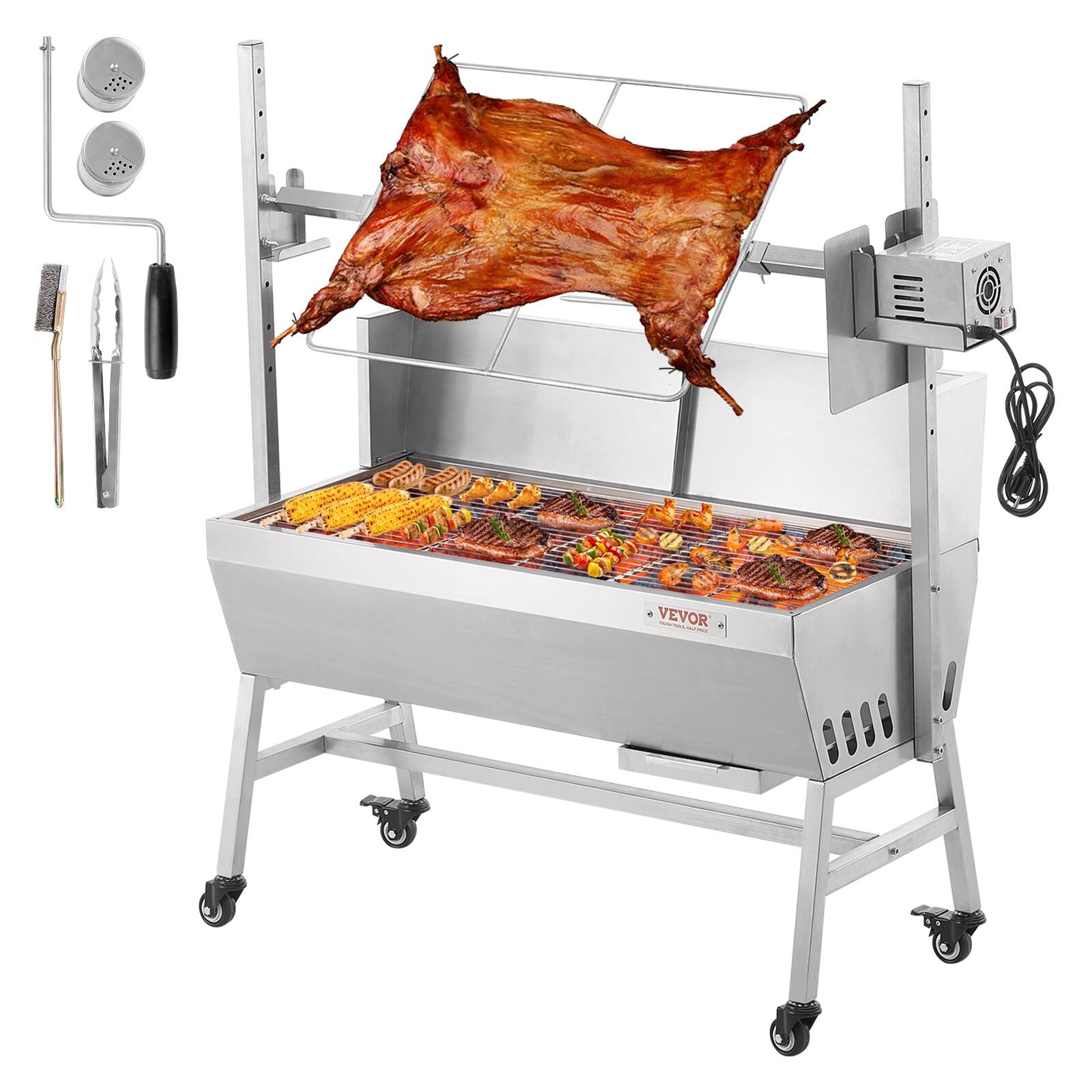Front. VEVOR - Rotisserie Grill with Windscreen, BBQ Whole Pig Lamb Goat Charcoal Spit Grill, 35 Inch 90 Lbs Capacity - Silver.