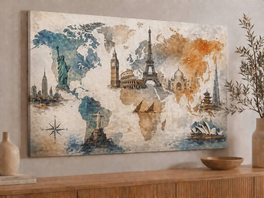 FC Design Large Canvas 24x36" Ready to Hang 24x36" World Map Landmarks ...