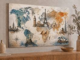 FC Design - Large Canvas 24x36" Ready-to-Hang 24x36" World Map Landmarks Art Painting Home Wall Décor - MultiColor