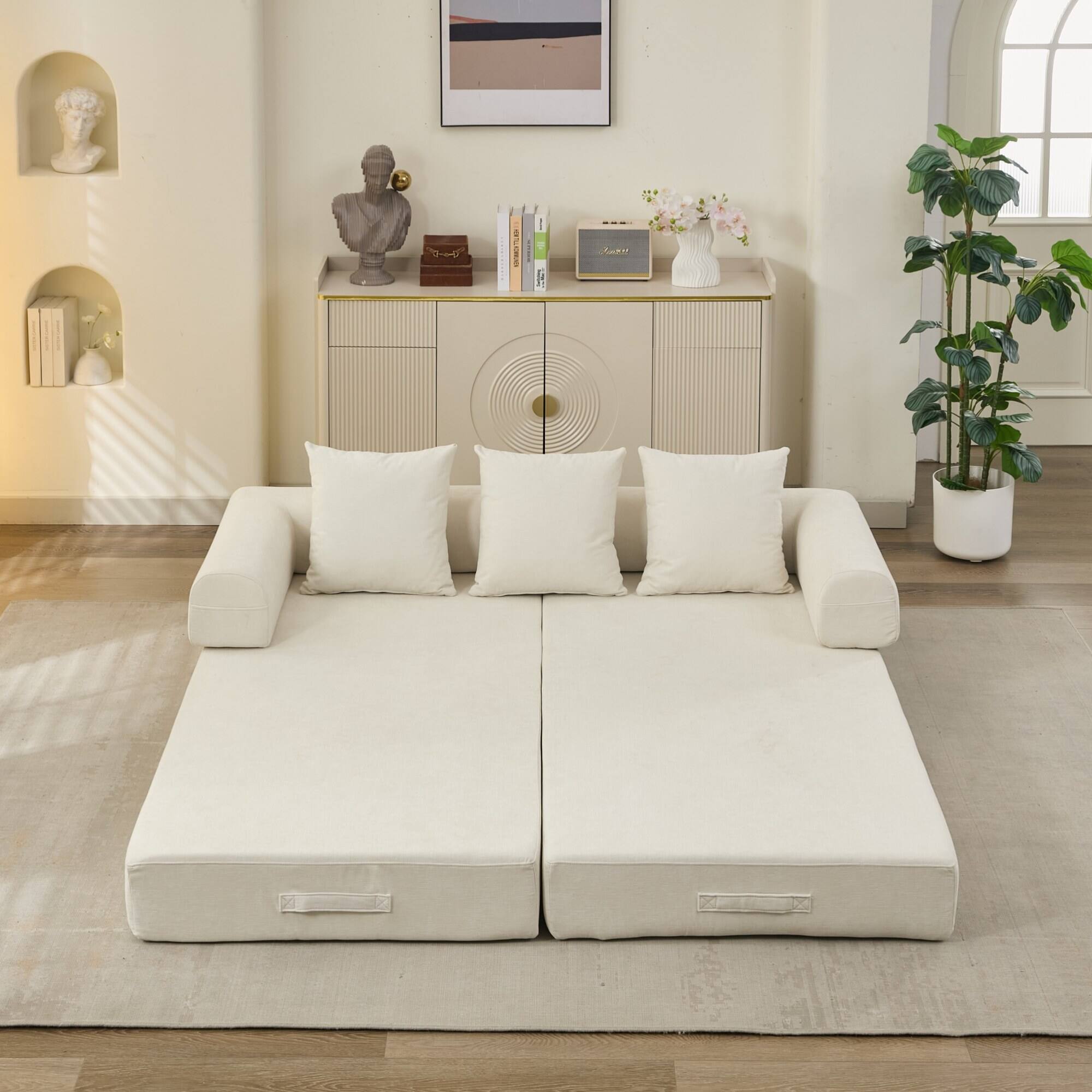 Alt View 4. GOODSILO - Convertible Folding Floor Sofa Bed with Armrests for Living Room, Bedroom, and Studio Lounging - Beige.