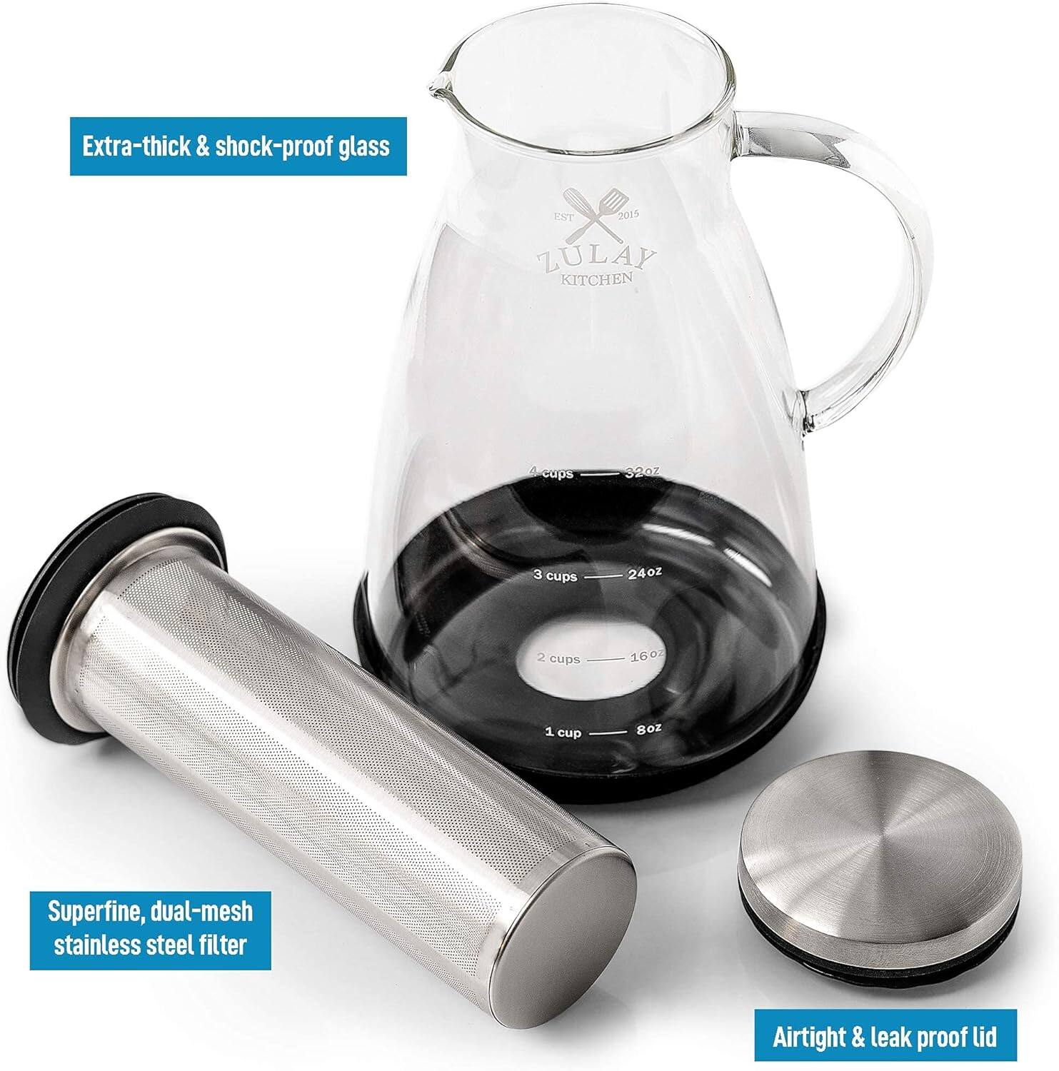 Left. Zulay Kitchen - Zulay Kitchen Airtight Cold Brew Coffee Maker with Glass Carafe, Stainless Steel Mesh Filter and Non-Slip Silicone Base - Silver.