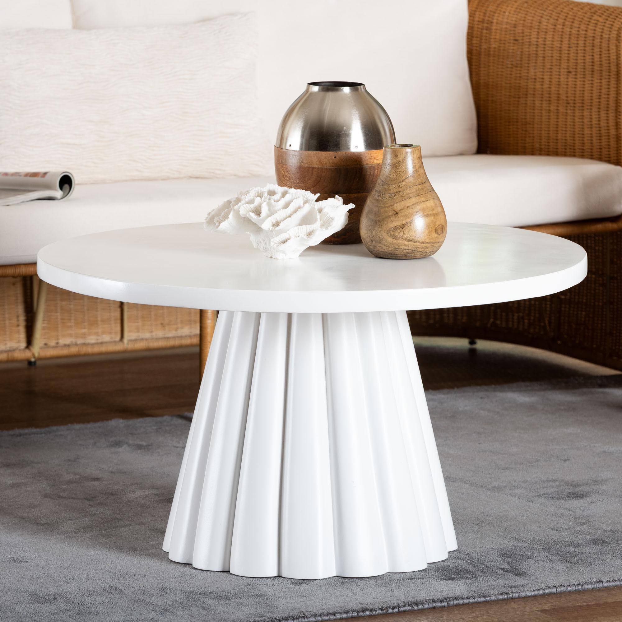 Alt View 1. bali & pari - Parvana Round Coffee Table with Fluted Pedestal Base - Contemporary Resin Accent Table for Living Room - White.