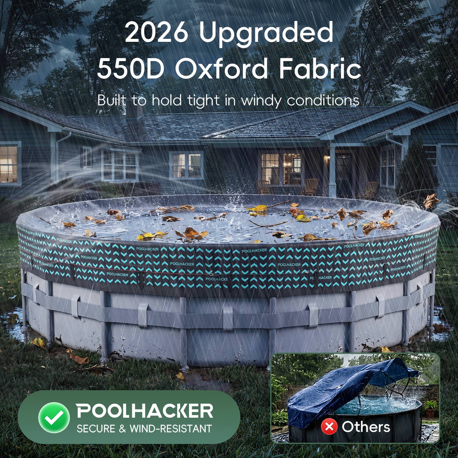 2026 Upgraded 550D Oxford Fabric  
Built to hold tight in windy conditions  

POOLHACKER  
SECURE & WIND-RESISTANT  

Others