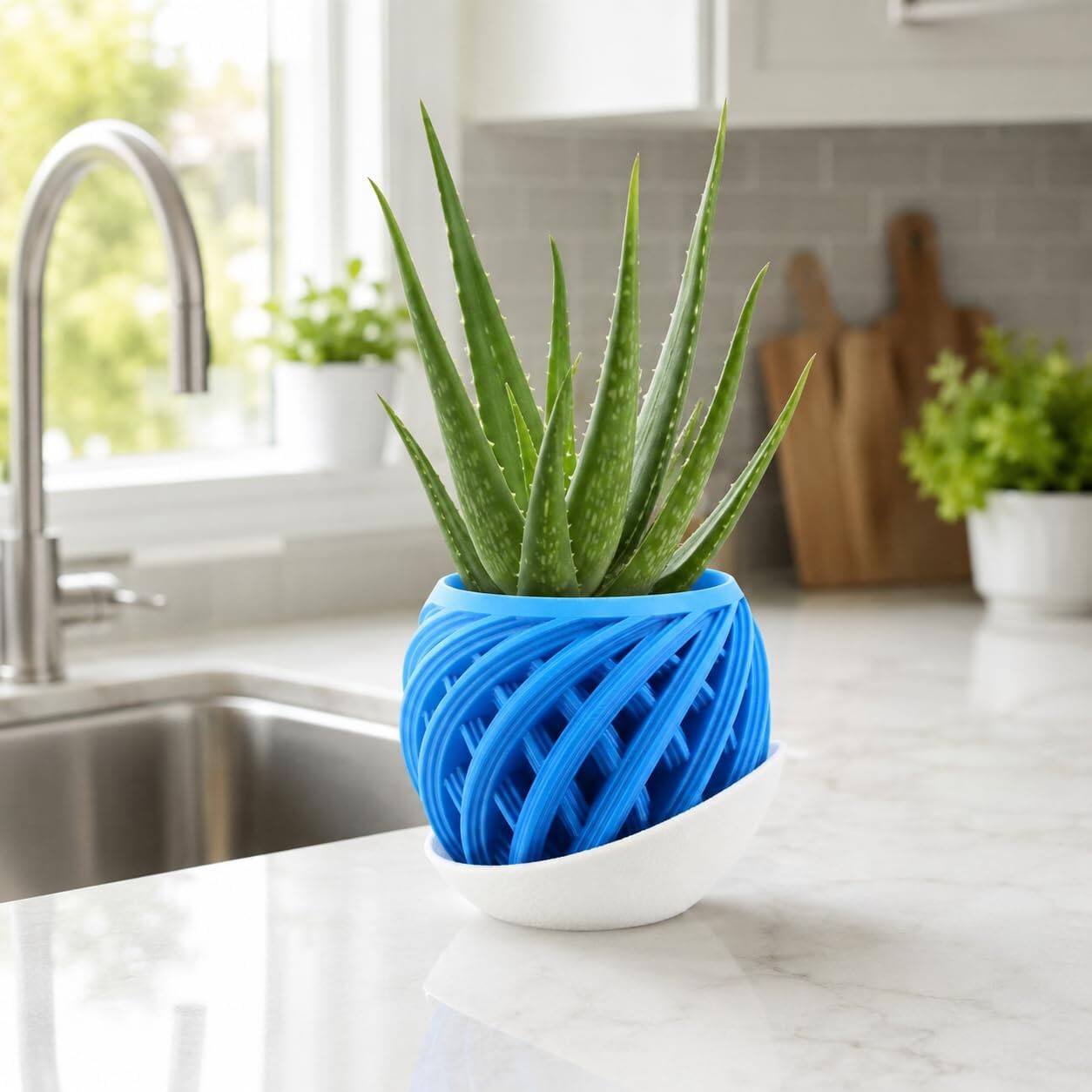 Alt View 1. JuzToys - 3D Printed Inova Planter with Drip Tray, Small Indoor Plant Pot w/Saucer, Modern Geometric Desk Shelf Decor by PowerTRC - Blue|White.