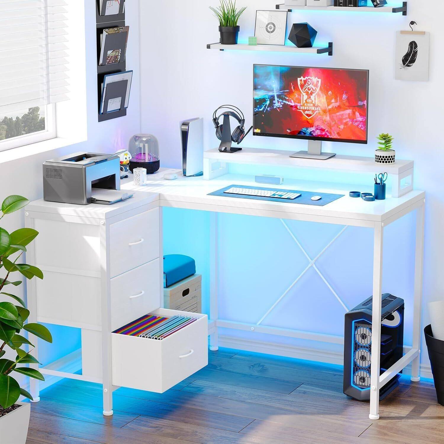 Front. Acekool - L Shaped Computer Gaming Desk with Power Outlets, Storage Shelves and Led Lights, White.