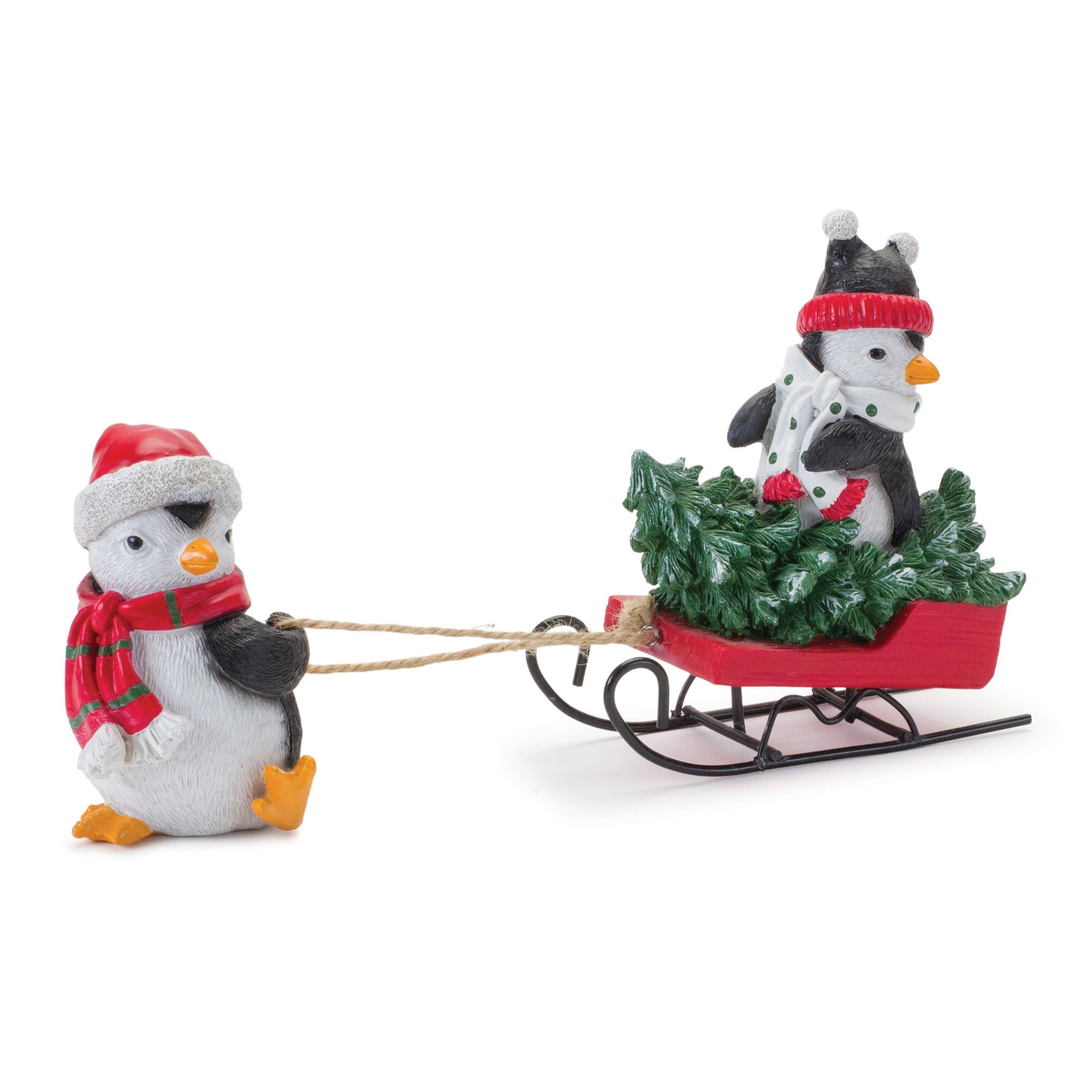 Back. BreeBe - Playful Penguins with Sled Figurine (Set of 2) - Green, Black, Red.