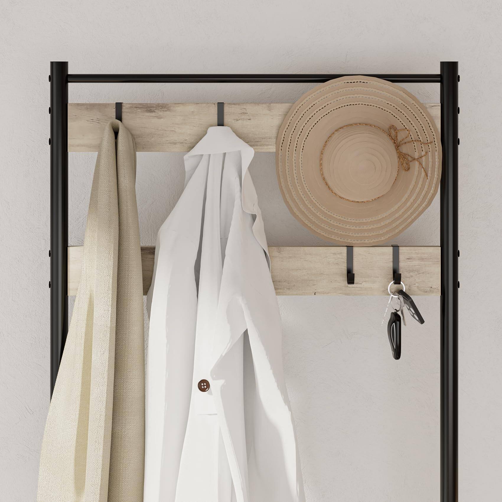Alt View 7. Hirose Alice - Hall Tree with Bench and Shoe Storage -in-Coat Rack Freestanding Wooden Coat Rack with Shoe Bench with Meta... - Greige.