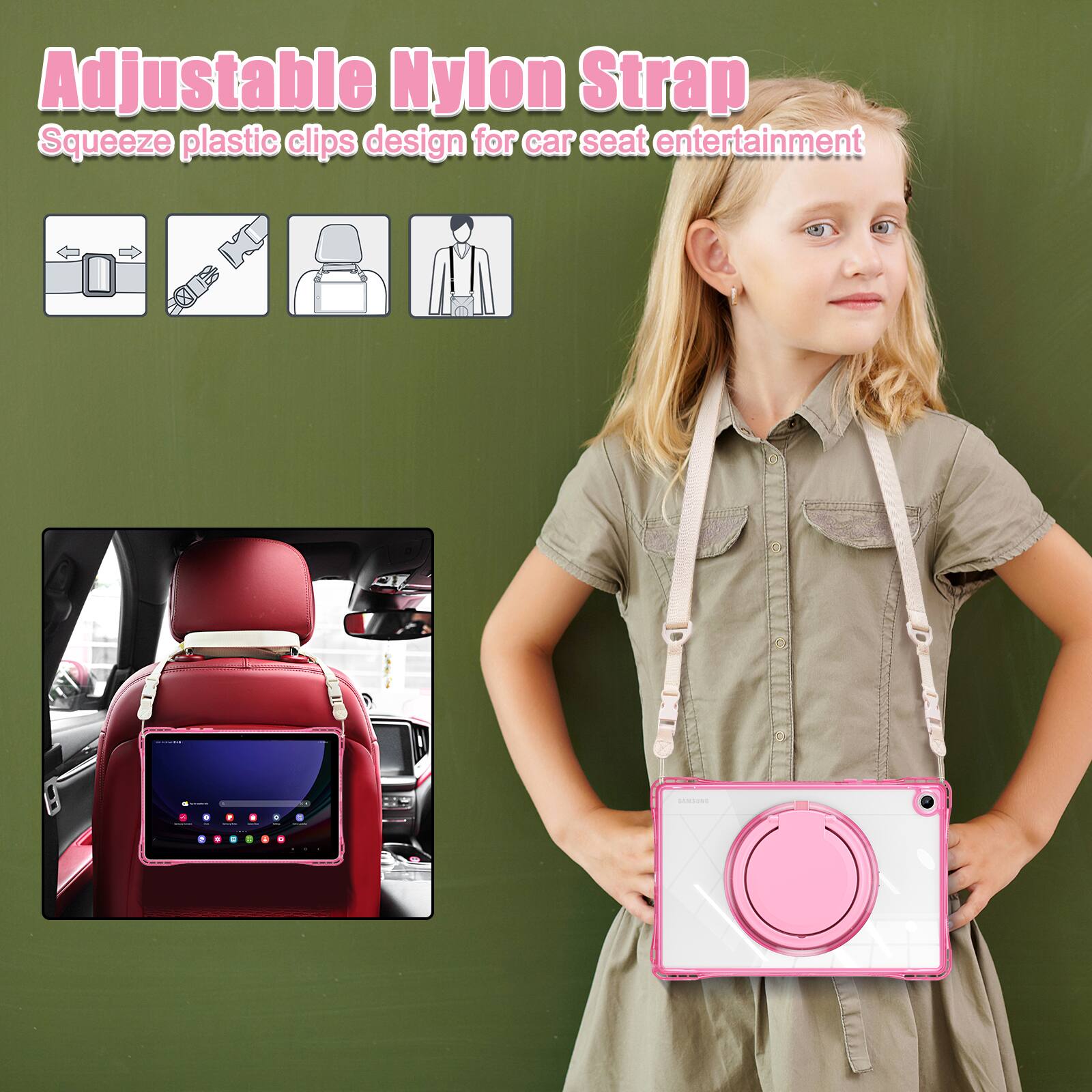 Adjustable Nylon Strap  
Squeeze plastic clips design for car seat entertainment