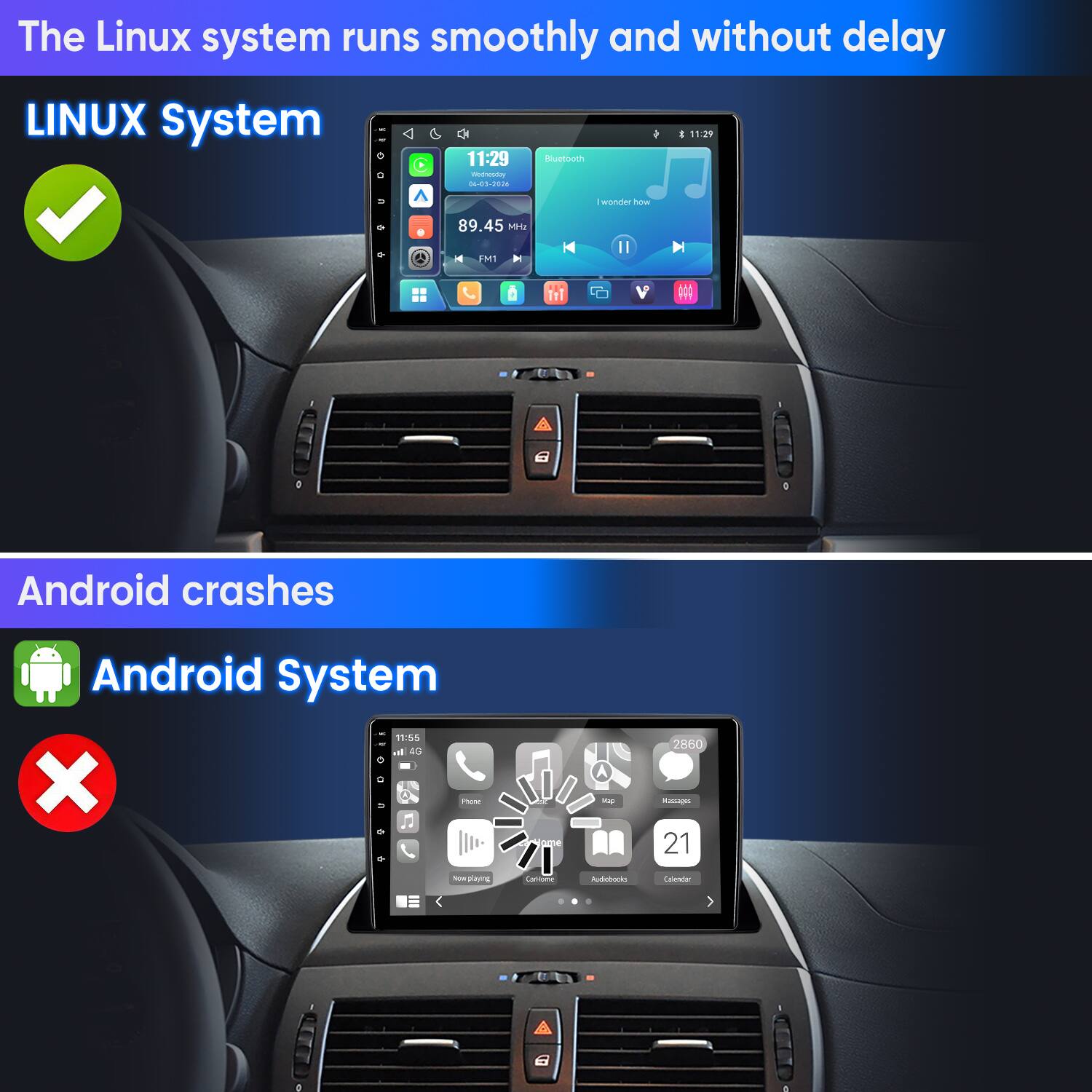 The Linux system runs smoothly and without delay

LINUX System

Android crashes

Android System