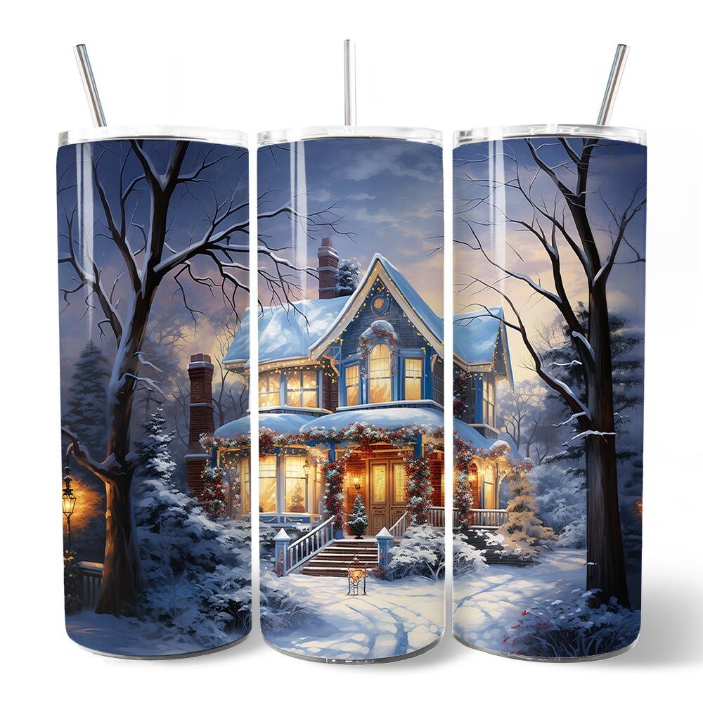 Front. OrnamentallyYou - Watercolor Winter Christmas House Night Painting 20oz Tumbler With Lid and Stainless Steel Straw - Multicolored.