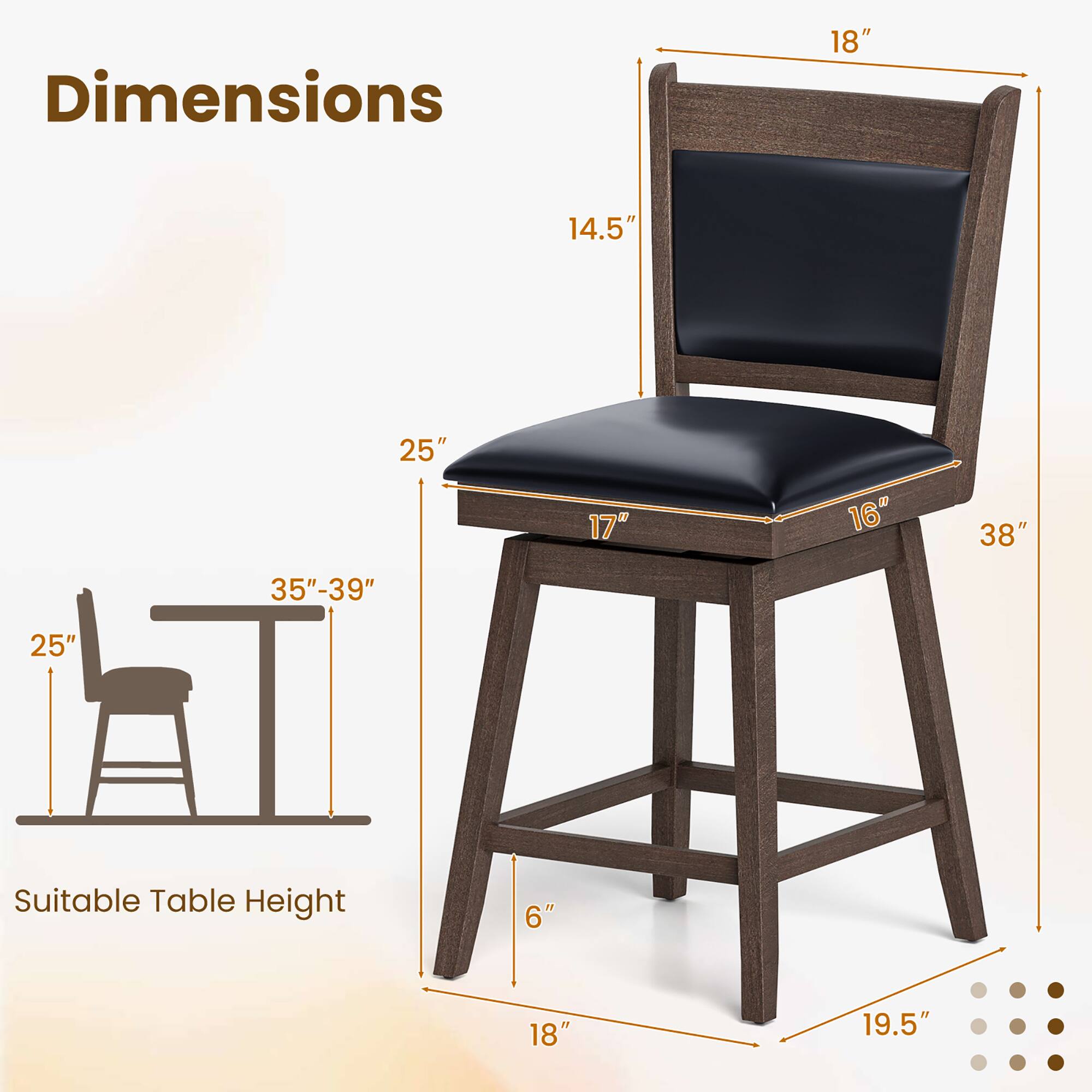 Dimensions: 18", 14.5", 25", 17", 16", 38", 35"-39", 6", 18", 19.5"

Suitable Table Height: 25"