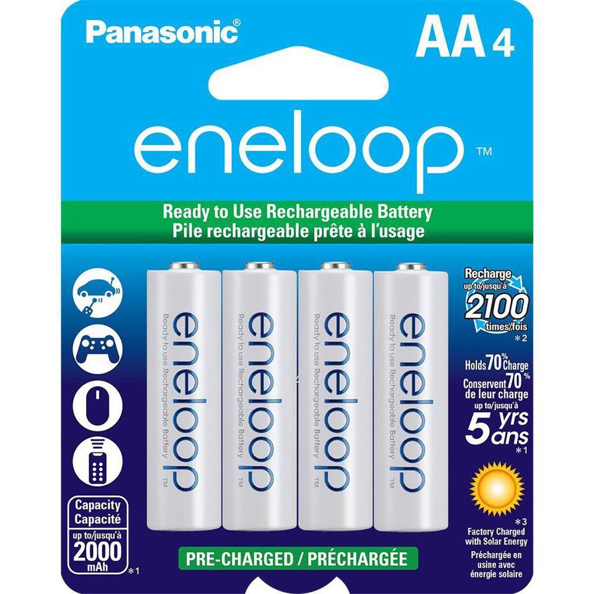 Panasonic AA 4 eneloop™ Ready to Use Rechargeable Battery Pile rechargeable prête à l'usage Recharge up to/jusqu'à 2100 times/fois Ready to use Holds 70% Charge up to/jusqu'à 5 ans Capacity Capacité up to/jusqu'à 2000 mAh Factory Charged with Solar Energy *1