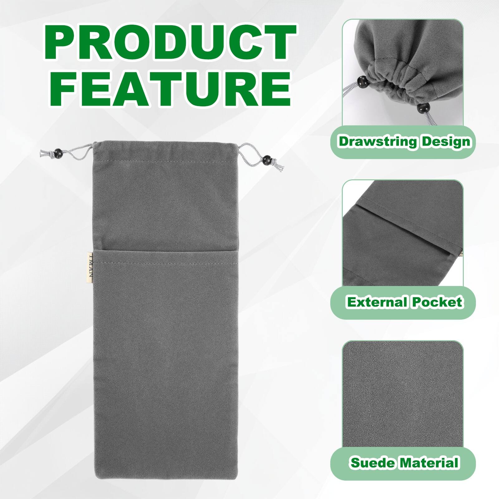 PRODUCT FEATURE

- Drawstring Design
- External Pocket
- Suede Material