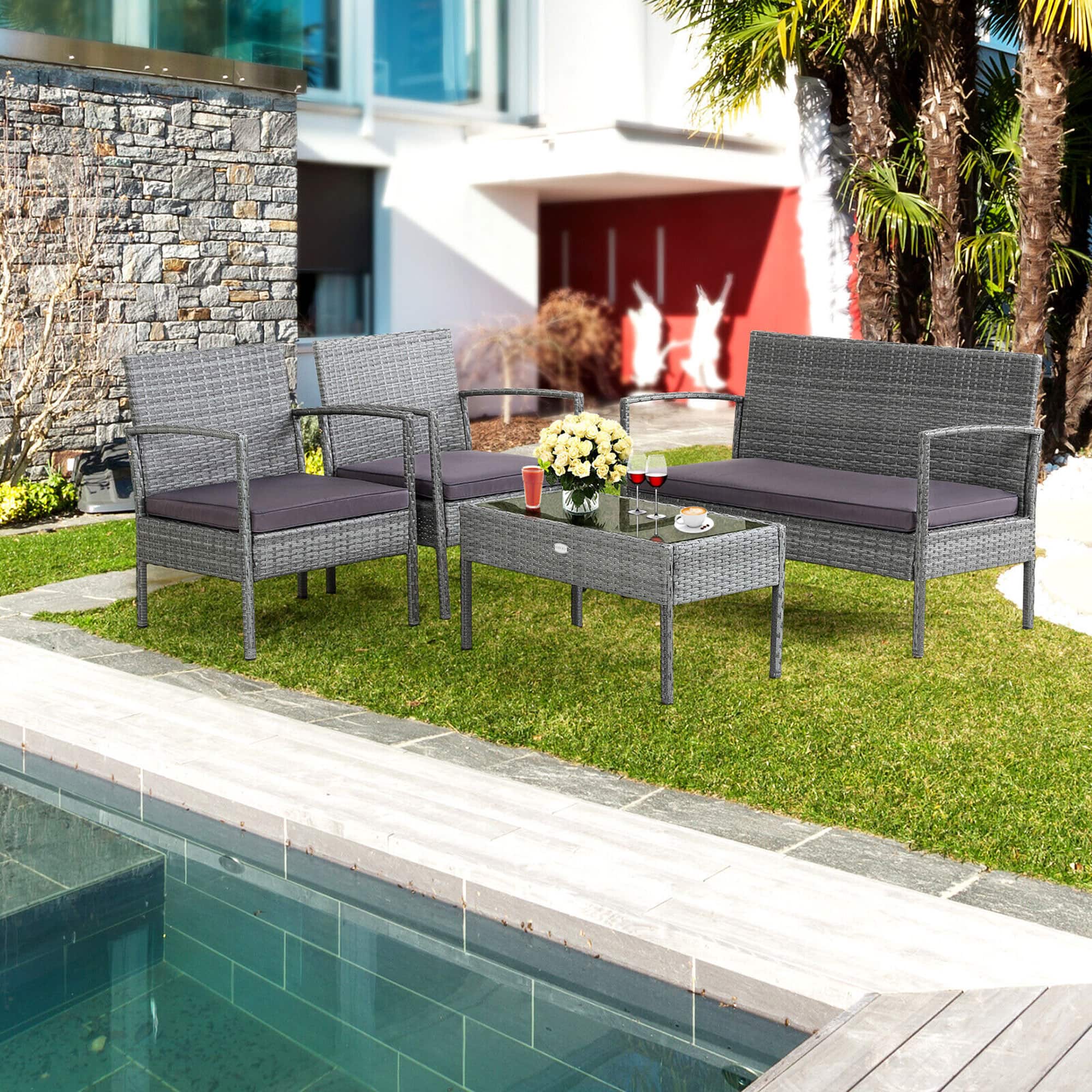 Gymax - 4PCS Rattan Patio Furniture Set Outdoor Wicker Conversation Set w/ Cushions - Gray price history on PriceWatchPro