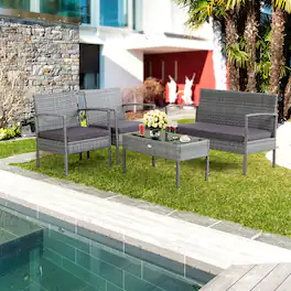 Gymax - 4PCS Rattan Patio Furniture Set Outdoor Wicker Conversation Set w/ Cushions - Gray