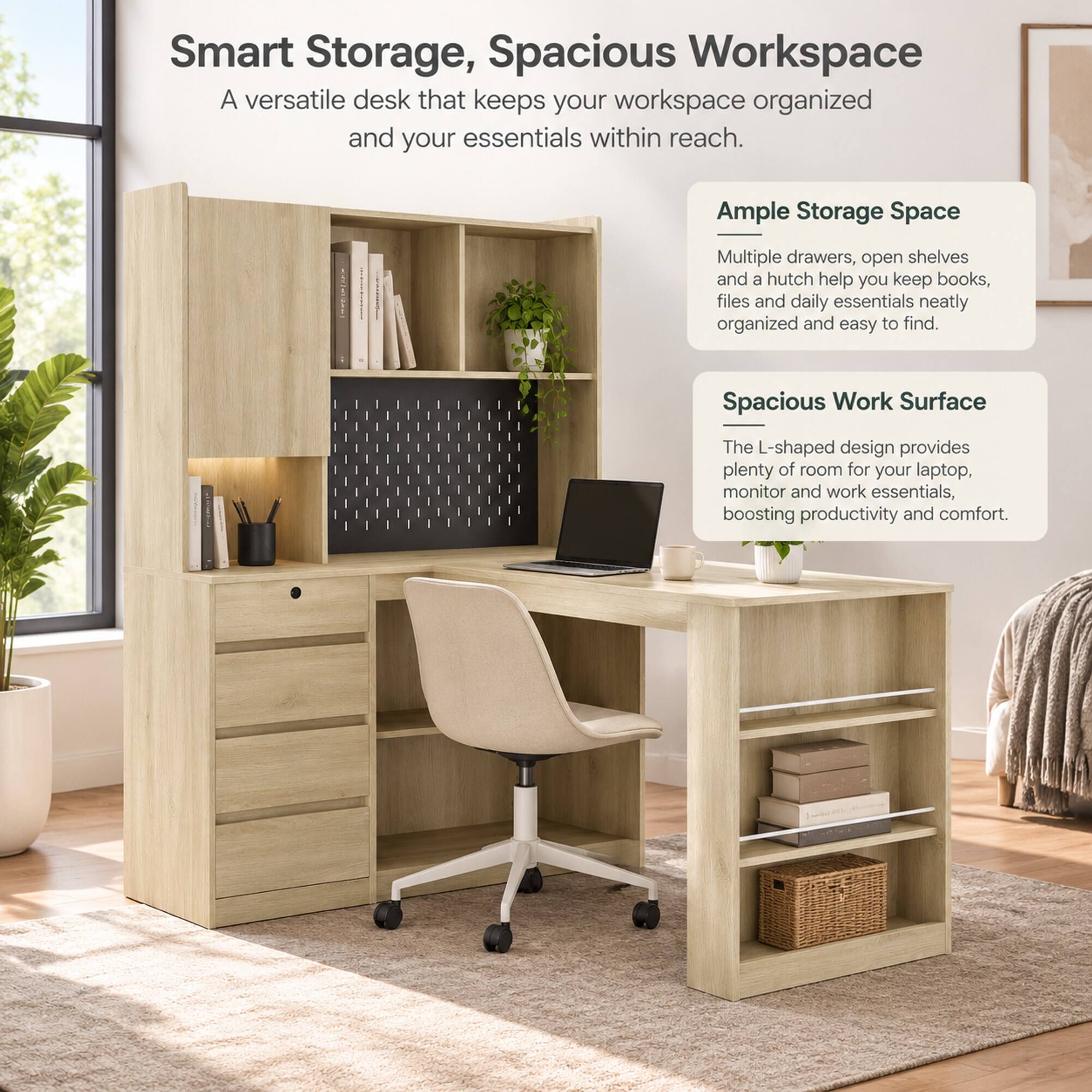 Smart Storage, Spacious Workspace  
A versatile desk that keeps your workspace organized and your essentials within reach.  

Ample Storage Space  
Multiple drawers, open shelves and a hutch help you keep books, files and daily essentials neatly organized and easy to find.  

Spacious Work Surface  
The L-shaped design provides plenty of room for your laptop, monitor and work essentials, boosting productivity and comfort.
