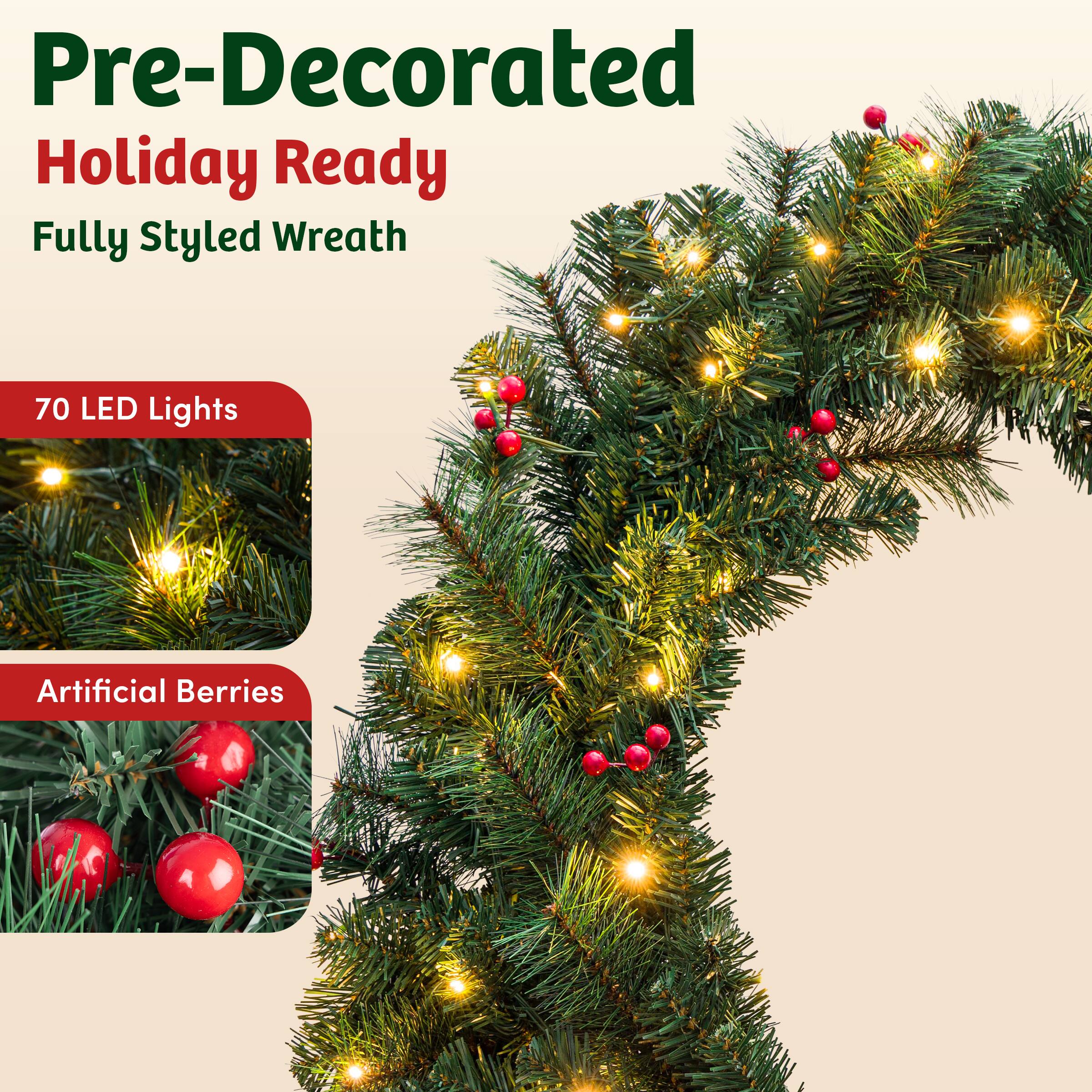 Pre-Decorated Holiday Ready Fully Styled Wreath

70 LED Lights

Artificial Berries