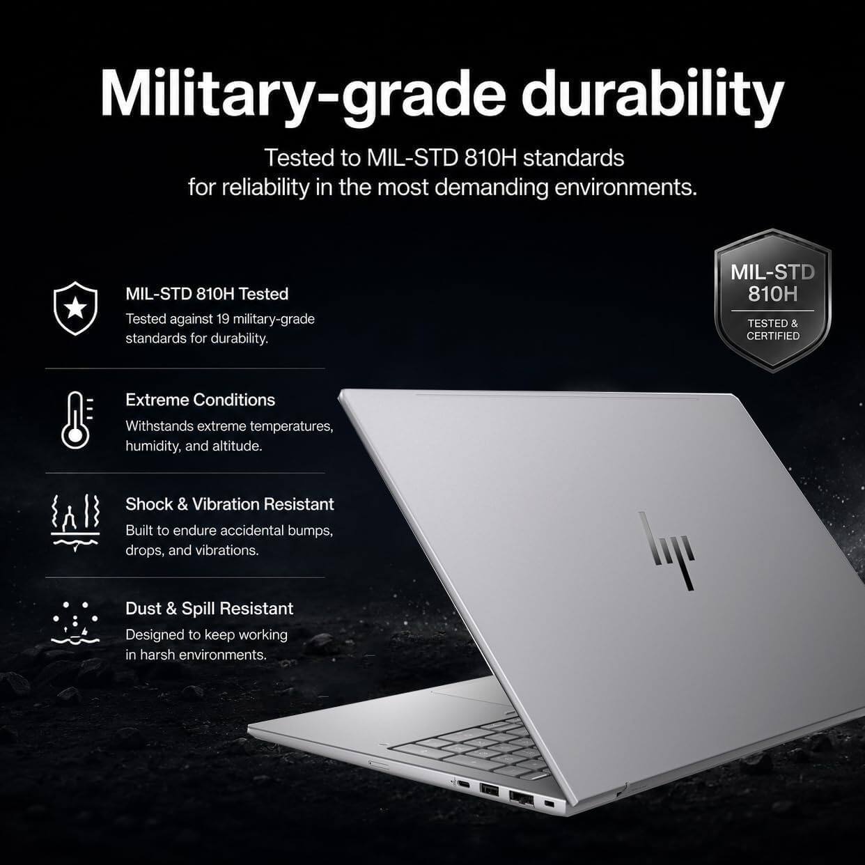 Military-grade durability  
Tested to MIL-STD 810H standards for reliability in the most demanding environments.  

MIL-STD 810H Tested  
Tested against 19 military-grade standards for durability.  

MIL-STD 810H TESTED & CERTIFIED  

Extreme Conditions  
Withstands extreme temperatures, humidity, and altitude.  

Shock & Vibration Resistant  
Built to endure accidental bumps, drops, and vibrations.  

Dust & Spill Resistant  
Designed to keep working in harsh environments.