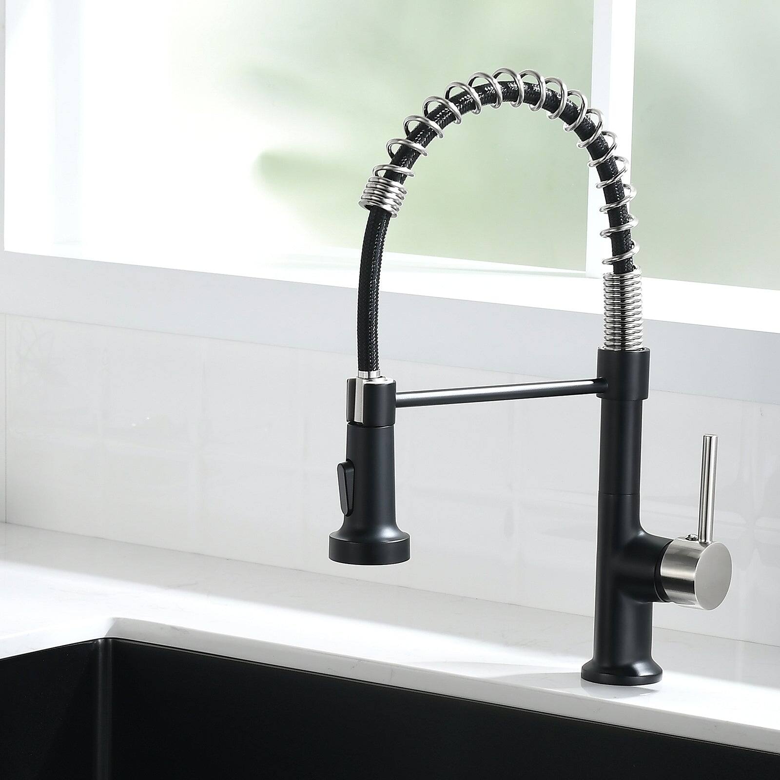 Alt View 3. Boyel Living - Matte Black with Brushed Nickel Single Handle Gooseneck Pull Down Sprayer Kitchen Faucet - Matte Black with Brushed Nickel.