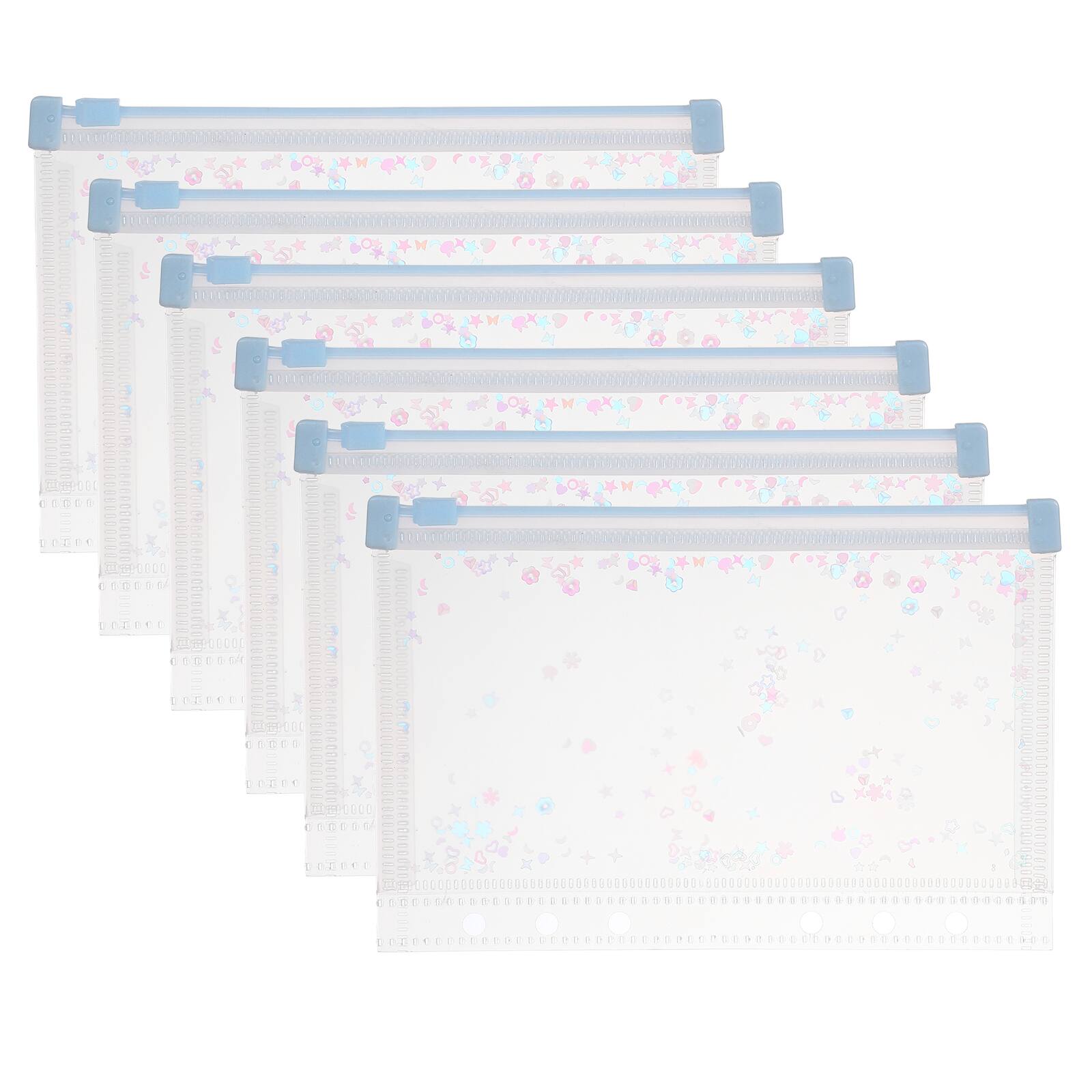 Front. Unique Bargains - 6pcs A6 Plastic Binder Zipper Pockets 7x5 Inch Clear Envelope Folders Planner Waterproof with Sequin Decor - Light Blue.