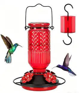 PRIMEPLUS - Glass Hummingbird Feeder 16oz, Outdoor with Ant Moat, 4 Bee-Proof Ports, Leak-Proof & Easy Clean - Red