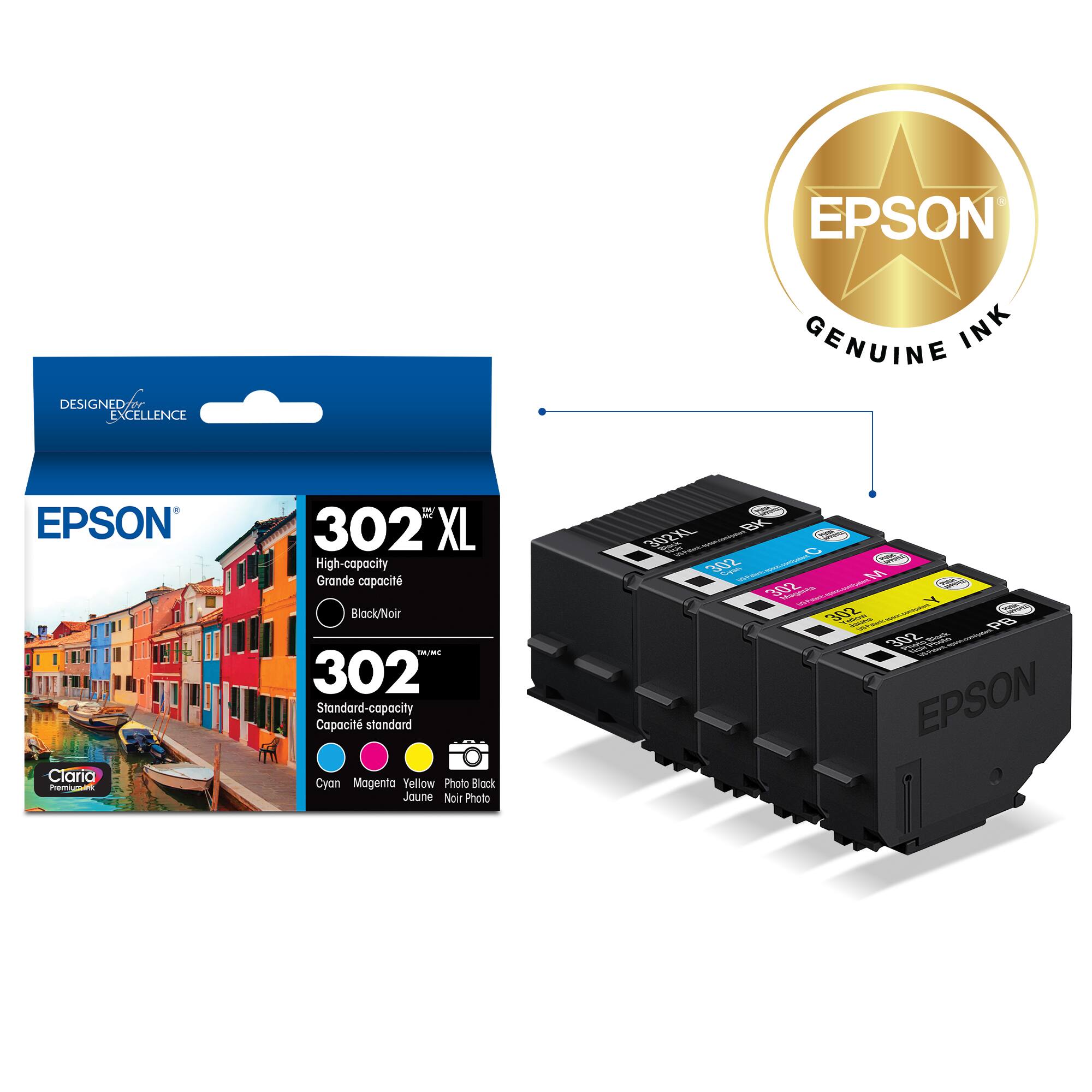 EPSON  
DESIGNED FOR EXCELLENCE  
GENUINE INK  

EPSON Claria  
302 XL High-capacity  
Block/Noir  

302 Standard-capacity  
Cyan Magenta Yellow Photo Black Jaune Noir Photo  

EPSON  
GENUINE INK