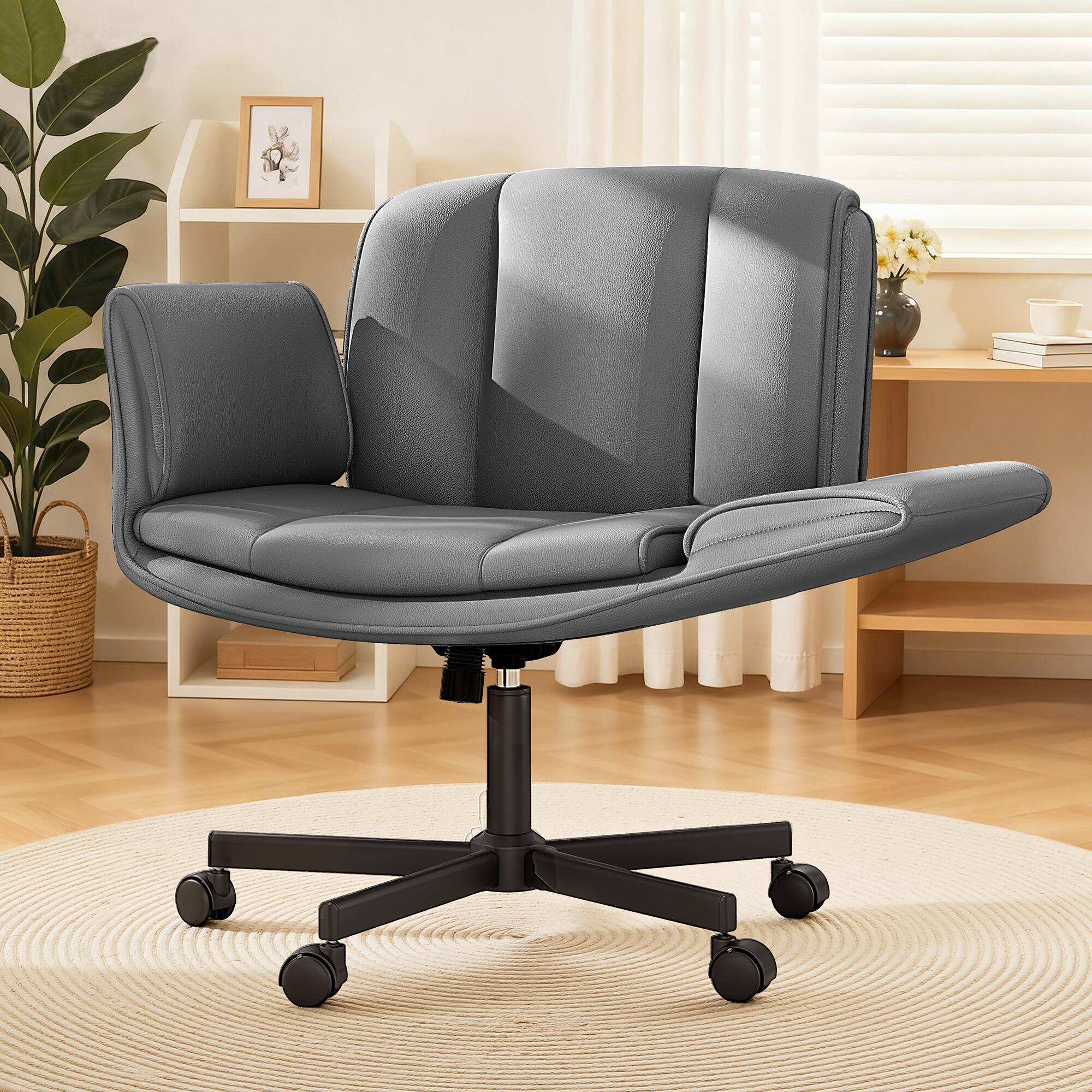 Alt View 9. KERDOM - 4 in 1 Cross-Legged Chair with Wheels & Expandable Arms, PU Leather Wide Seat Vanity Chair, Home Office Computer Chair - Dark Grey.