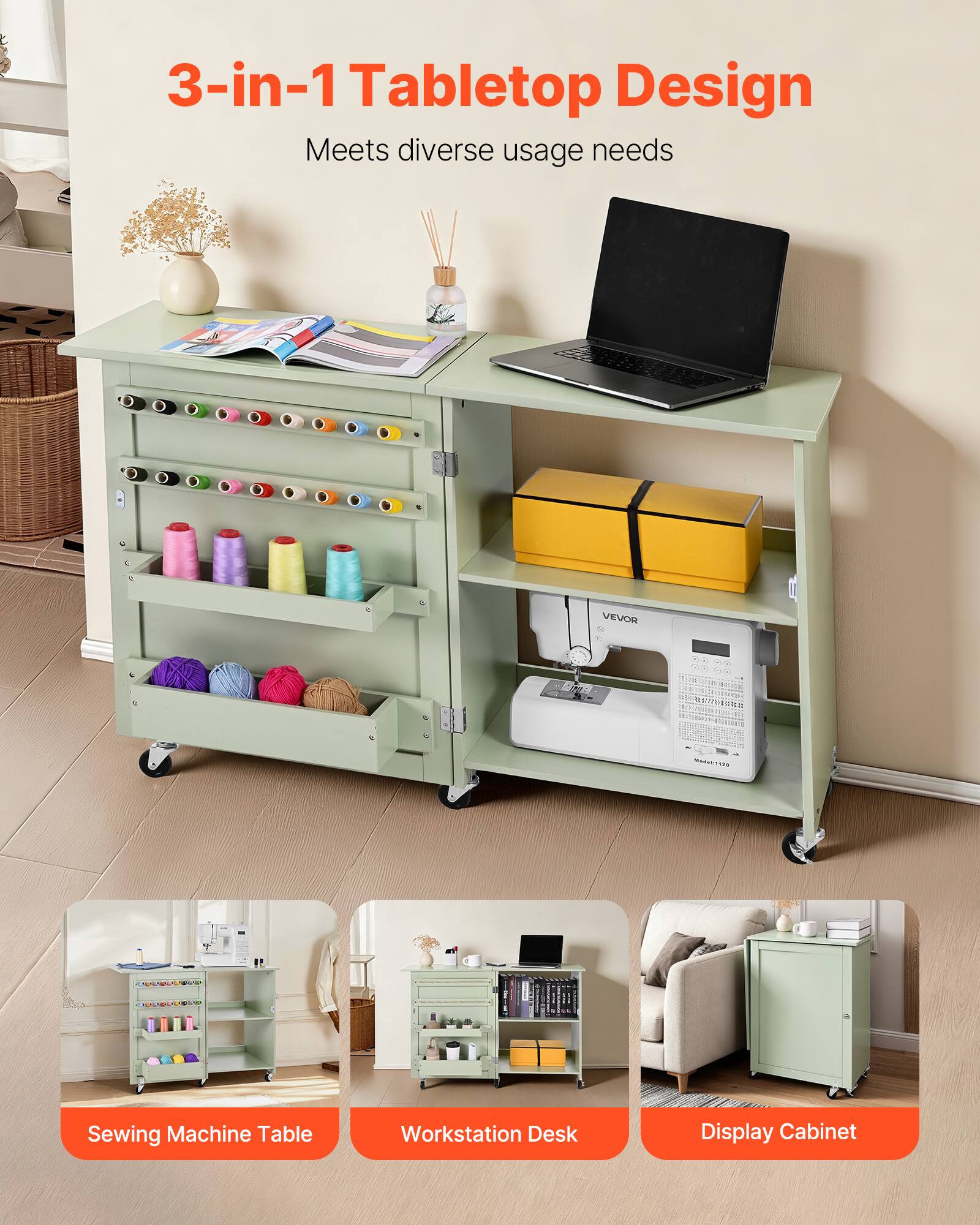 3-in-1 Tabletop Design  
Meets diverse usage needs  

VEVOR  

Sewing Machine Table  
Workstation Desk  
Display Cabinet