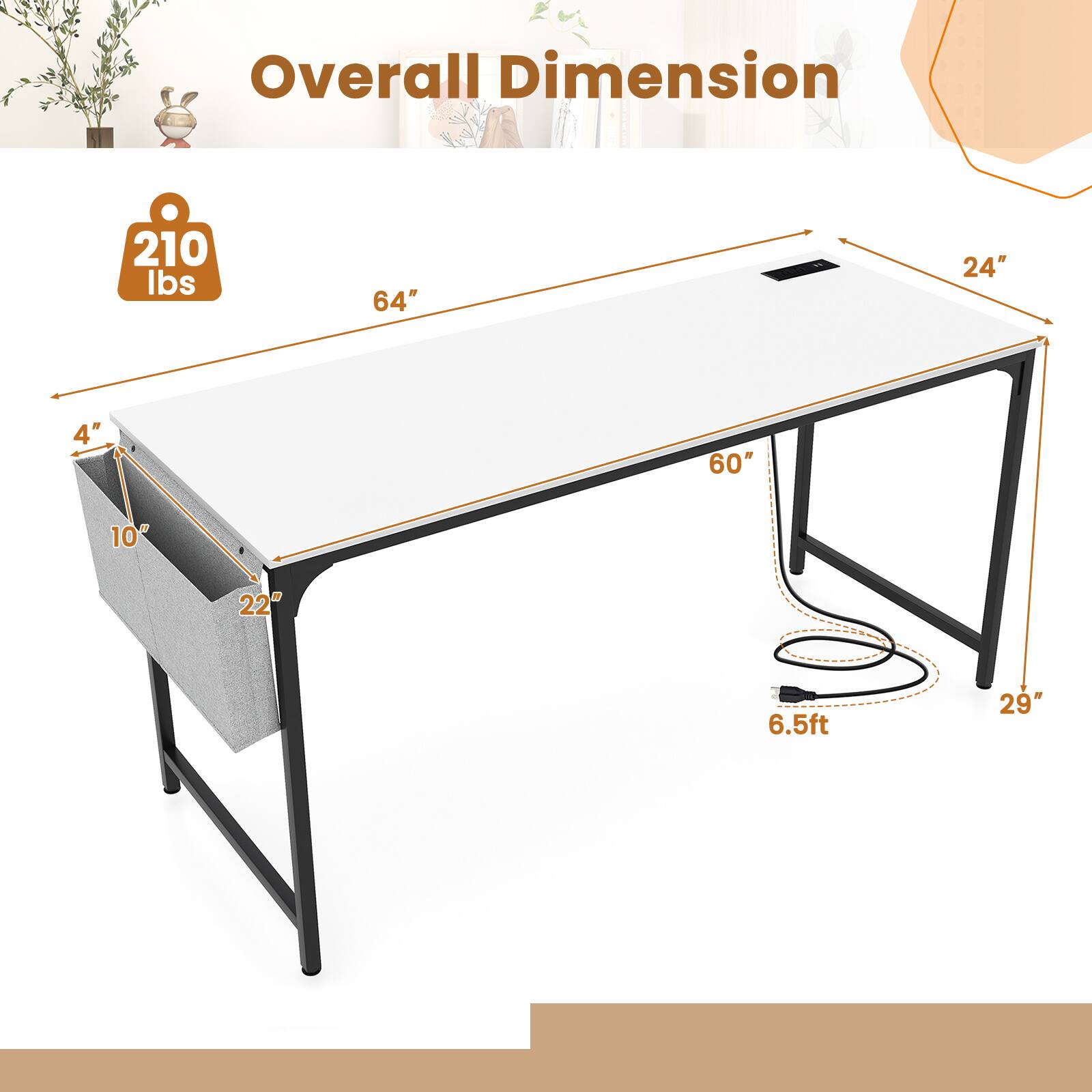 Overall Dimension: 64" x 24", 10" x 60", 22" x 29", 6.5ft, 210 lbs