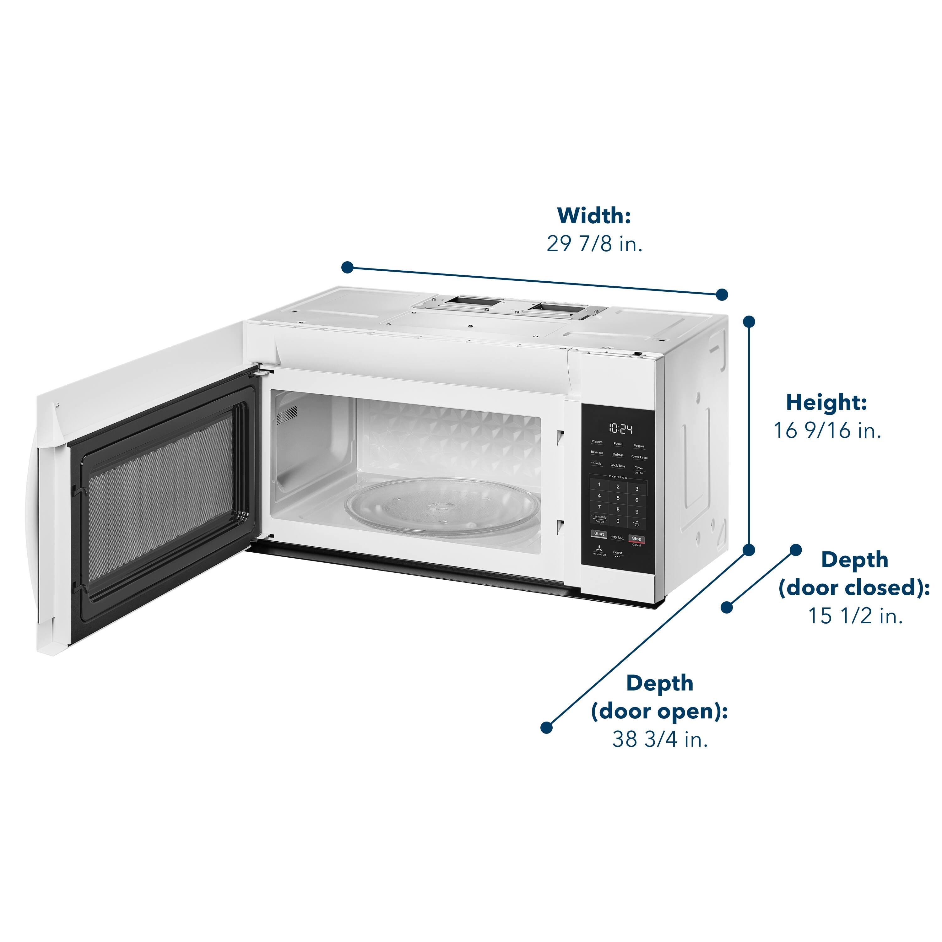 Width: 29 7/8 in.  
Height: 16 9/16 in.  
Depth (door closed): 15 1/2 in.  
Depth (door open): 38 3/4 in.
