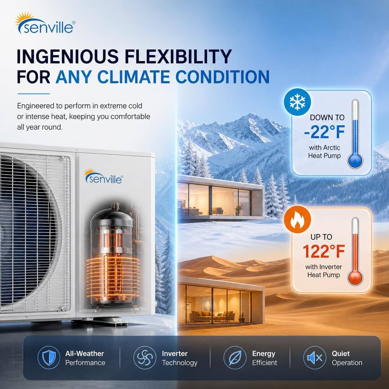 senville INGENIOUS FLEXIBILITY FOR ANY CLIMATE CONDITION

Engineered to perform in extreme cold or intense heat, keeping you comfortable all year round.

DOWN TO -22°F with Arctic Heat Pump

UP TO 122°F with Inverter Heat Pump

All-Weather Performance

Inverter Technology

Energy Efficient

Quiet Operation