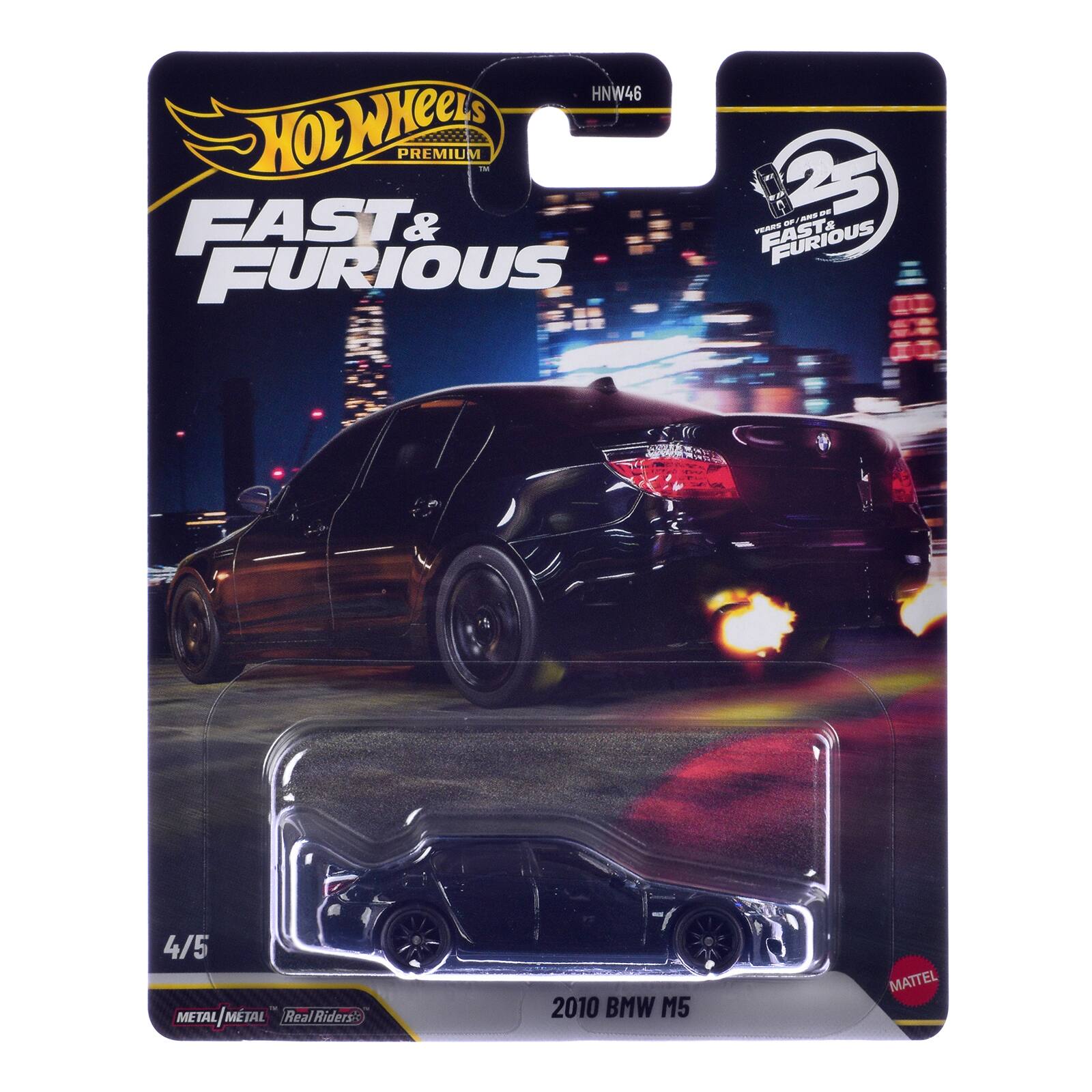 Hot Wheels Premium  
Fast & Furious  
25th Anniversary  
4/5  
Metal/Metal  
Real Riders  
2010 BMW M5  
Mattel
