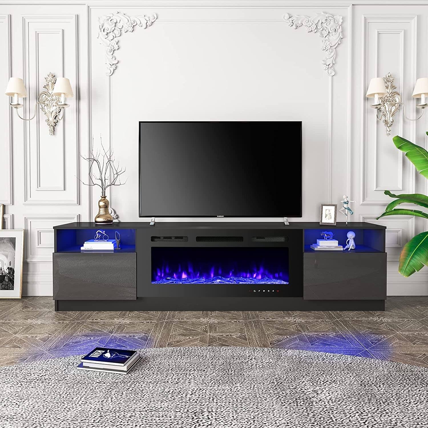 Angle. U-HOMY - 36'' Electric Fireplace TV Stand, Modern Entertainment Center with Storage & LED Lights for TVs up to 80'' - Black.