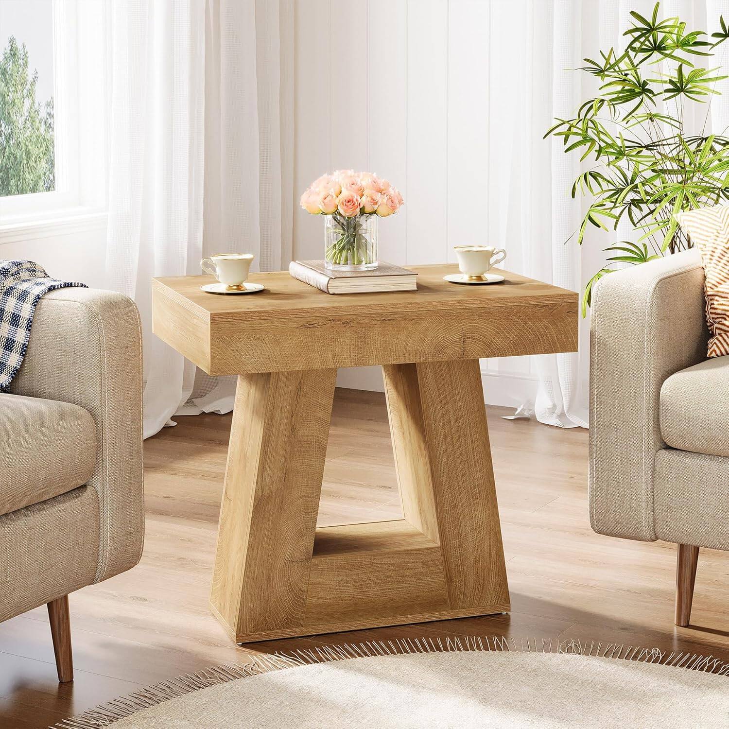Angle. Tribesigns - End Table with Engineered Wood Construction, Wood Grain Finish and Trapezoidal Legs for Living Room - Light Brown.