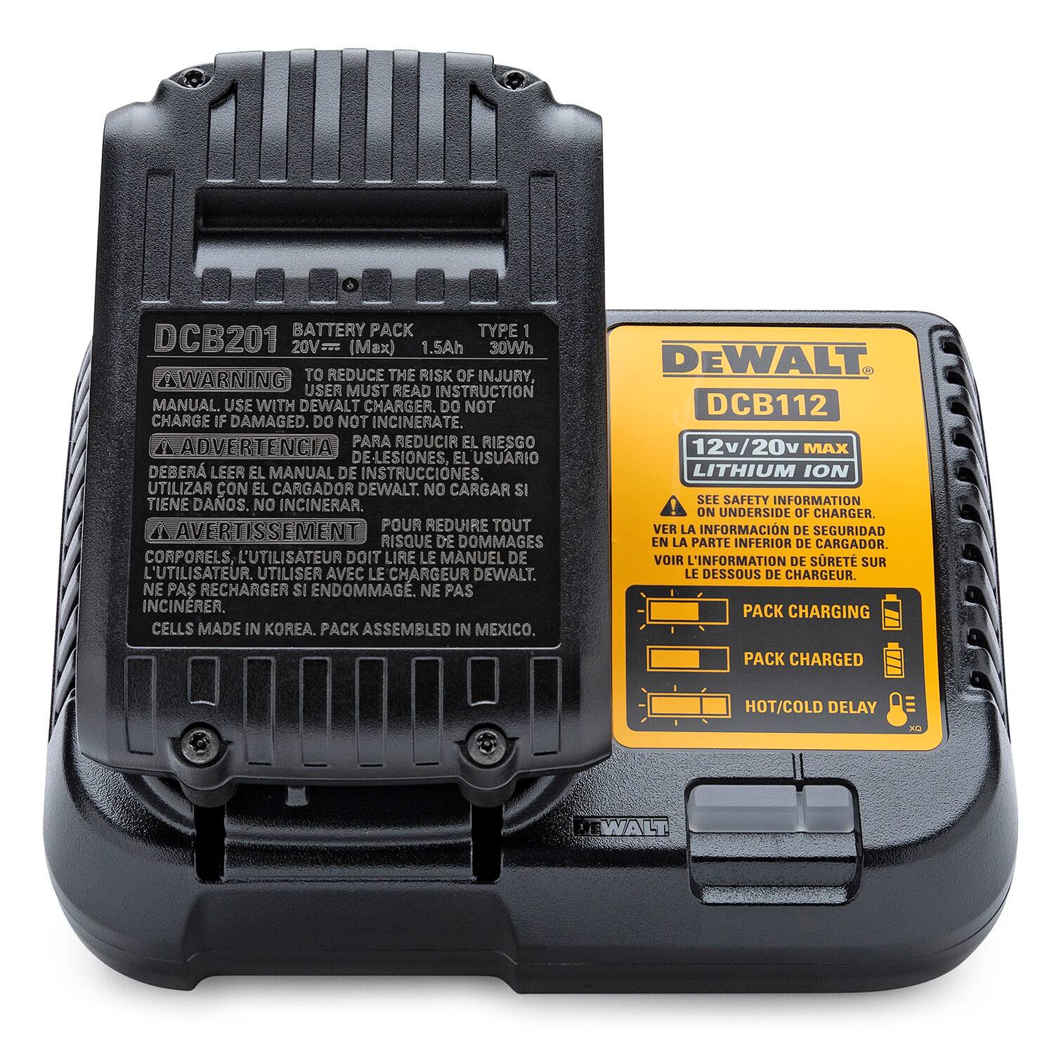 **Battery Pack: DCB201**

- **Type:** 1
- **Voltage:** 20V (Max)
- **Capacity:** 1.5Ah
- **Energy:** 30Wh

**Warning:**
- To reduce the risk of injury, user must read instruction manual.
- Use with DEWALT charger.
- Do not charge if damaged.
- Do not incinerate.

**Advertencia:**
- Para reducir el riesgo de lesiones, el usuario debe leer el manual de instrucciones.
- Utilizar con el cargador DEWALT.
- No cargar si tiene daños.
- No incinerar.

**Avertissement:**
- Pour réduire tout risque de dommages corporels, l'utilisateur doit lire le manuel de l'utilisateur.
- Utiliser avec le chargeur DEWALT.
- Ne pas recharger si endommagé.
- Ne pas incinérer.

**Cells made in Korea. Pack assembled in Mexico.**

---

**DEWALT DCB112**

- **Voltage:** 12V/20V Max
- **Type:** Lithium Ion

**See safety information on underside of charger
