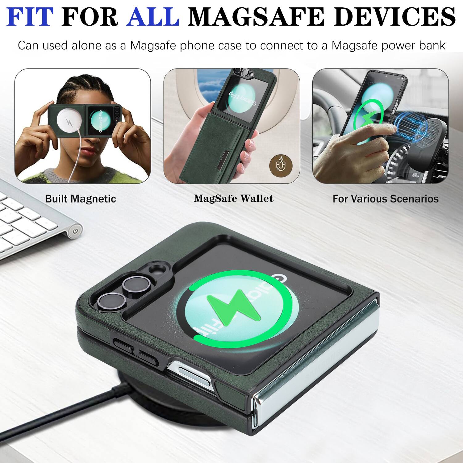 FIT FOR ALL MAGSAFE DEVICES  
Can used alone as a Magsafe phone case to connect to a Magsafe power bank  

Built Magnetic  
MagSafe Wallet  
For Various Scenarios