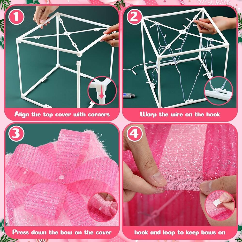 1. Align the top cover with corners

2. Wrap the wire on the hook

3. Press down the bow on the cover

4. Hook and loop to keep bows on