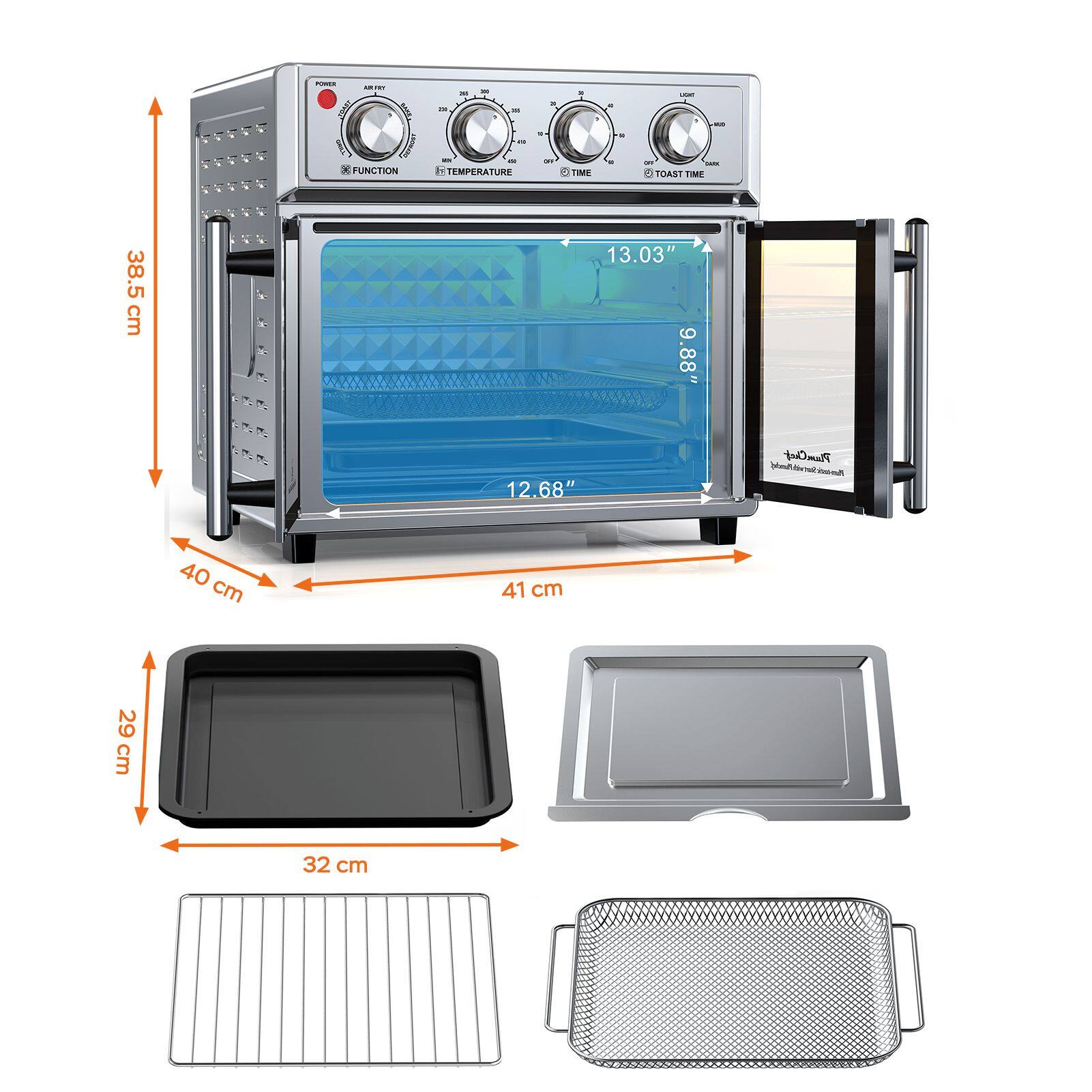 P AE I - - - - - - - - -- - - x FUNCTION 2 TEMPERATURE i TIME , - - TOAST TIME 38.5 cm 13.03" 6 9.88" 8 = 12,68" Ct Plam bona -  40 cm 41 cm 29 cm 32 cm